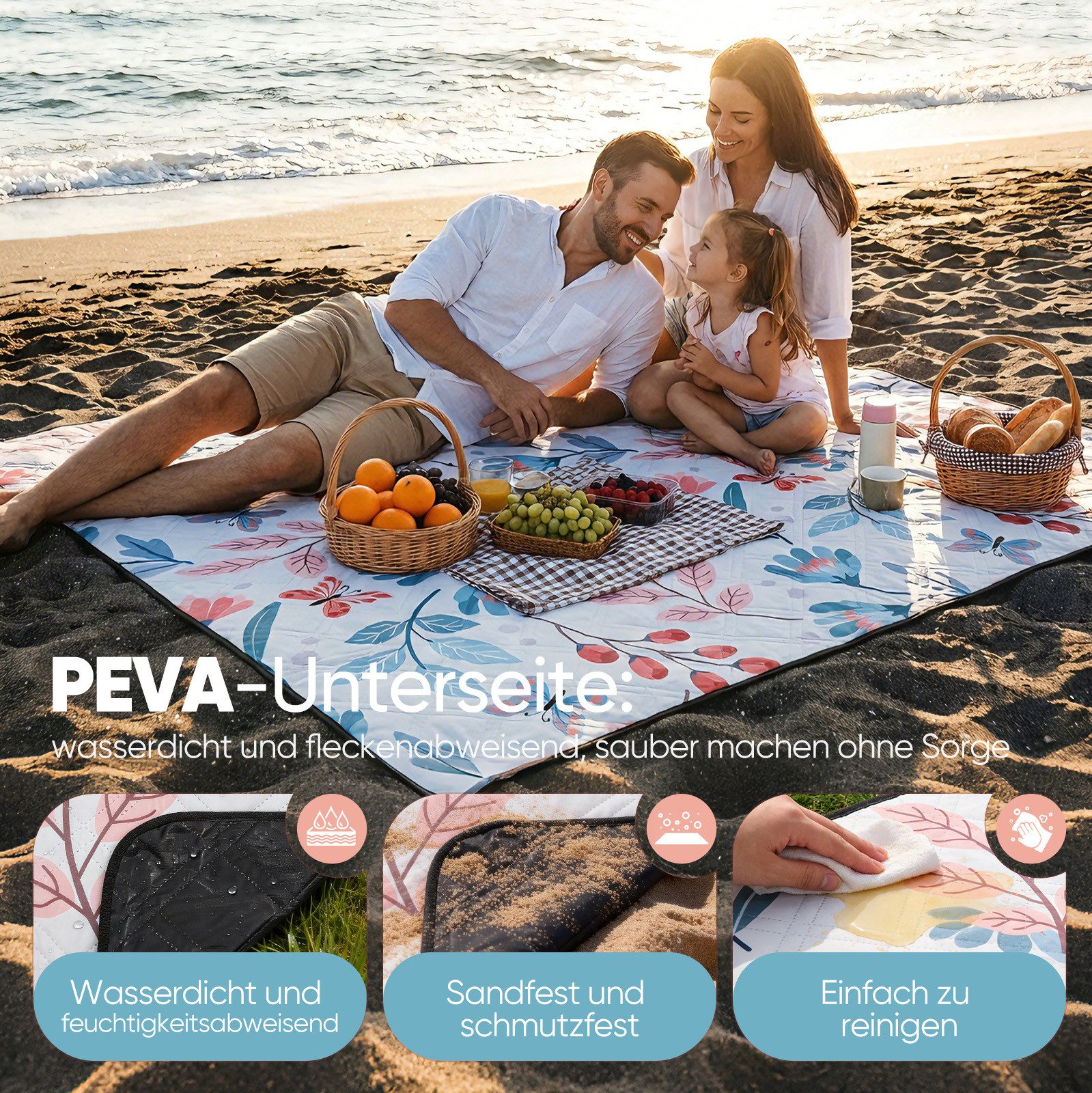 Picknickdecke Picknickdecke Wasserdicht Campingdecke 200x200 cm, Sekey, 3-Schicht mit PEVA Unterseite, für 4–6 Personen, für Strand & Camping – Bild 5 von 5