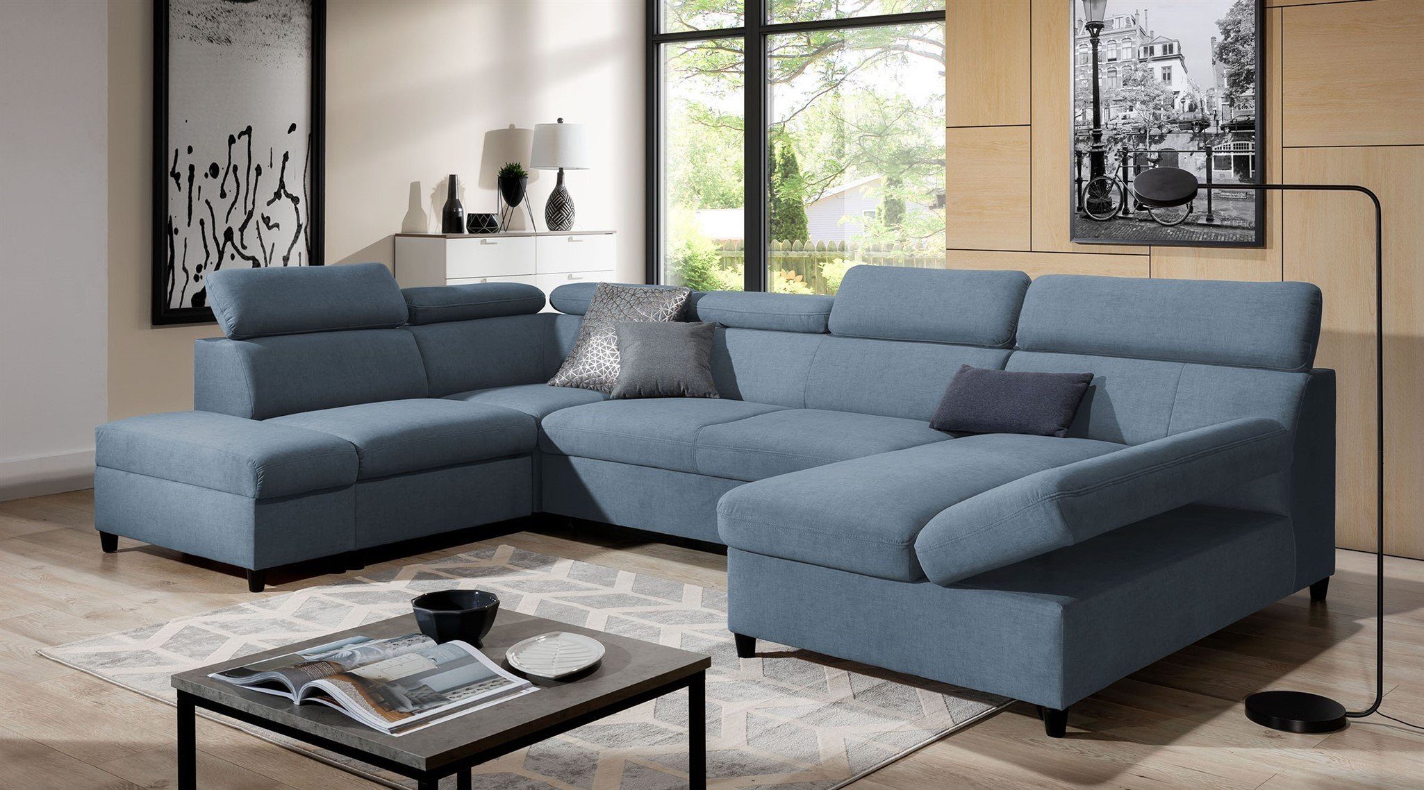Fun Möbel Wohnlandschaft Schlafsofa Sofa ANTON Velourstoff Esito, inkl. 3 Bettkästen und Schlaffunktion, Rundumbezug