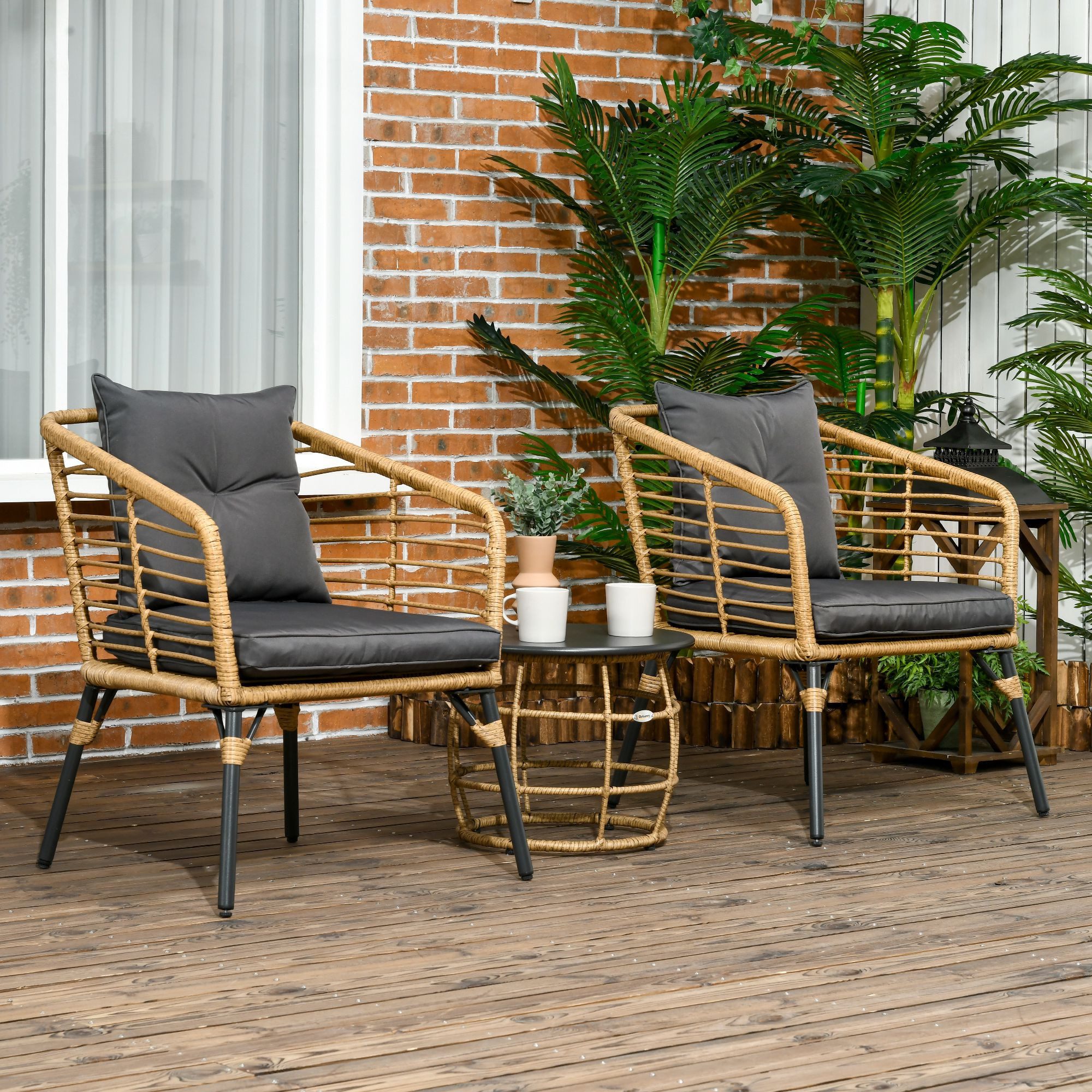Outsunny Sitzgruppe Rattan Bistro-Set mit Kissen für Terrasse und Balkon, (Gartengruppe, 3-tlg., Gartenmöbel-Set), Stahl, Sand+Dunkelgrau
