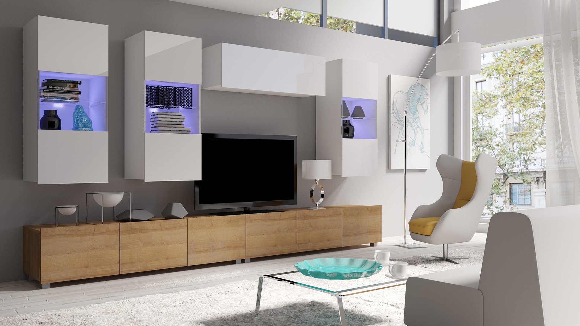Stylefy Wohnwand Bietula, (Set (6-St), Wohnzimmer-Set), 6-teilig, wahlweise mit LED-Beleuchtung, Modern Design, variabel hängbar Weiß Hochglanz - Wotan Eiche