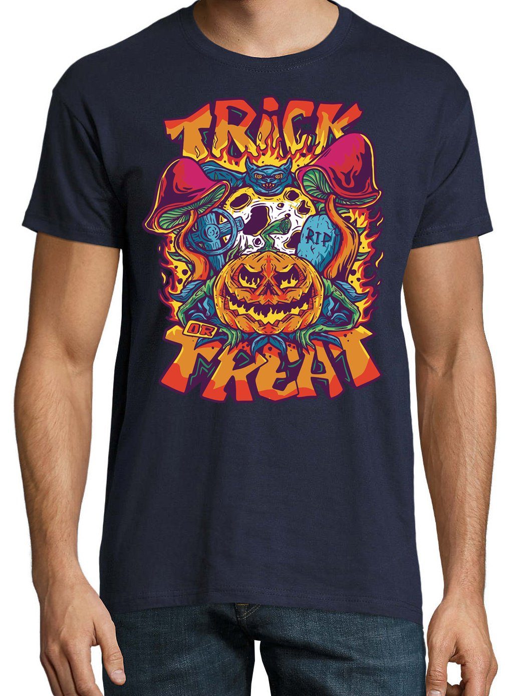 Youth Designz T-Shirt Trendigem Fun-Look Halloween Pilz mit Navy Horror or Frontdruck Herren Trick T-Shirt Treat