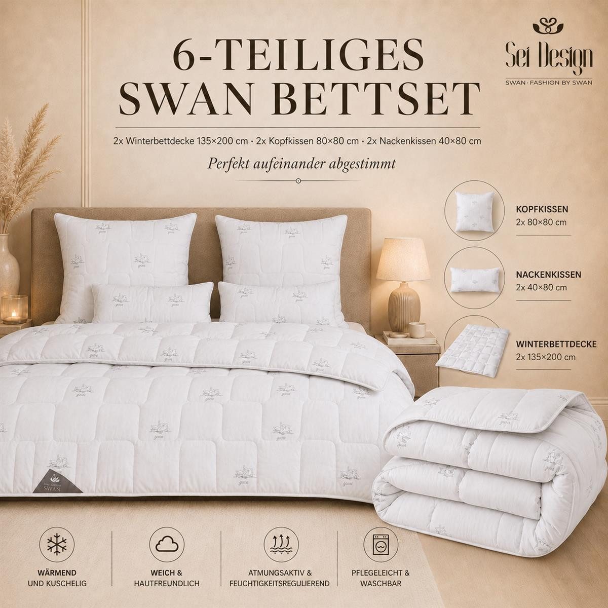 SEI Design Microfaserbettdecke Bettset SWAN 6-tlg Winterdecke 2x 135x200 + Kissen 2x 80x80+ 2x 40x80, Füllung: daunenähnliches Gefühl, 80x80