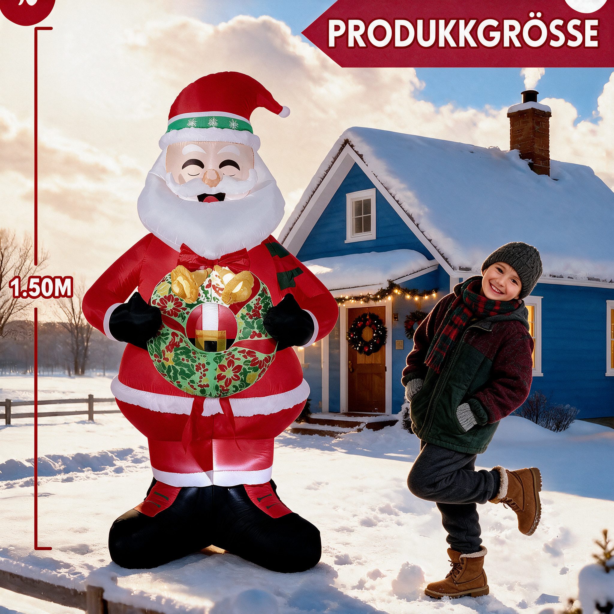 WOWDSGN Weihnachtsfigur Aufblasbarer Weihnachtsmann 150cm mit Kranz, LED Beleuchtung, mit Gebläse IP44 Wasserdicht, Innen und Außen, für Garten Hof Rasen – Bild 2 von 5
