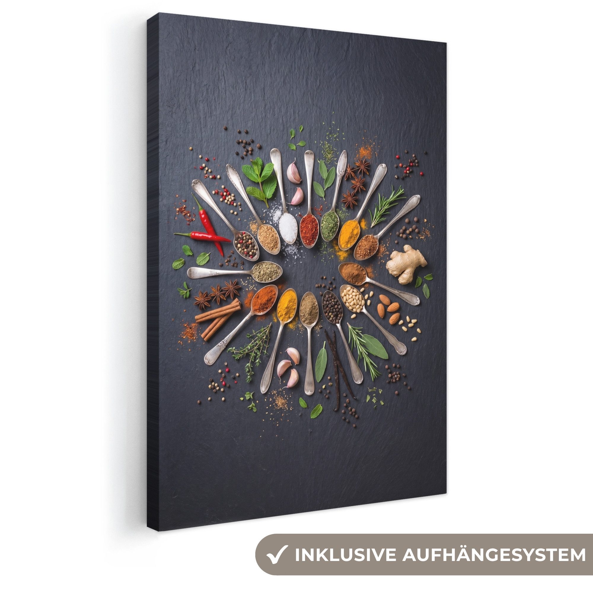 OneMillionCanvasses® Leinwandbild Gewürze - Löffel - Kulinarisch - Farbenfroh - Stimmungsvoll, Fotodruck (1 St), Leinwand Canvas Wandbild, Wanddekoration 20x30 cm