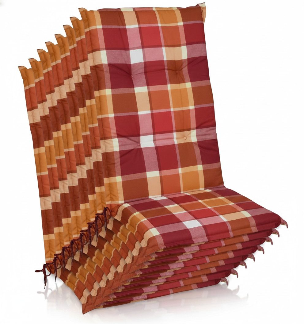 Beautissu Hochlehnerauflage 8er Set Hochlehner Auflagen Set 120x50 cm Polster Rot Kariert, 6cm Dicke Polsterauflage rutschfest UV-Lichtecht 5 Stuhlkissen