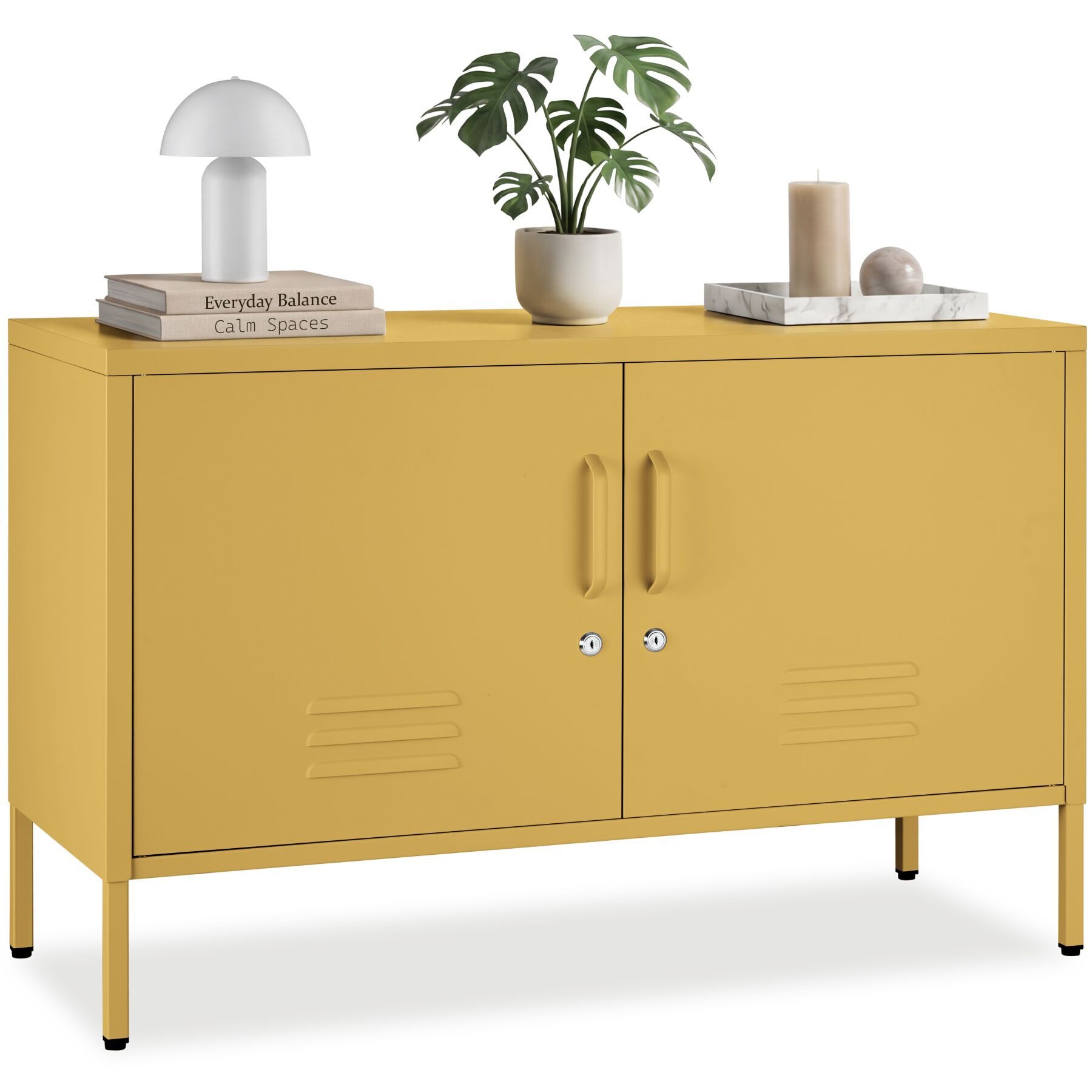 tectake Lowboard abschließbares Metall Sideboard mit 2 Türen, 100 x 42,5 x 65 cm (Abschließbares Sideboard Baker, in Gelb), Verstellbarer Zwischenboden, Pulverbeschichtet, Kippschutz