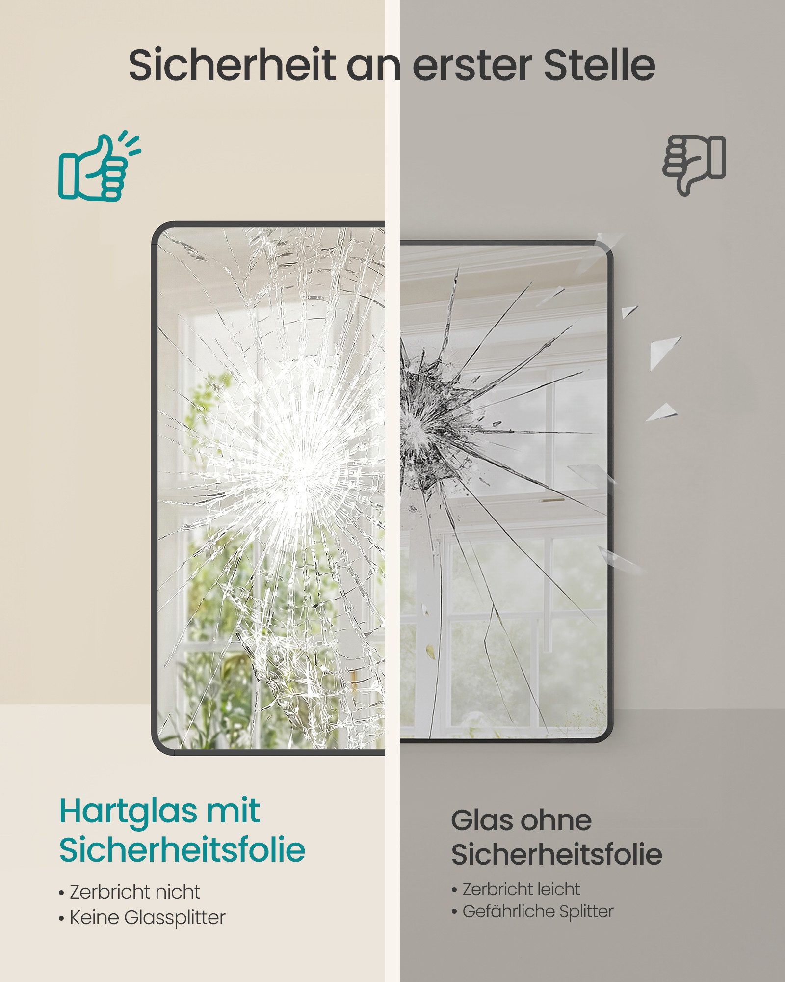 SONGMICS Standspiegel 2 Aufhängemöglichkeiten, Spiegel für Bad mit Sicherheitsfolie, 81 x 61 cm, Spiegel für Bad, Aluminiumrahmen, mit Sicherheitsfolie – Bild 3 von 5