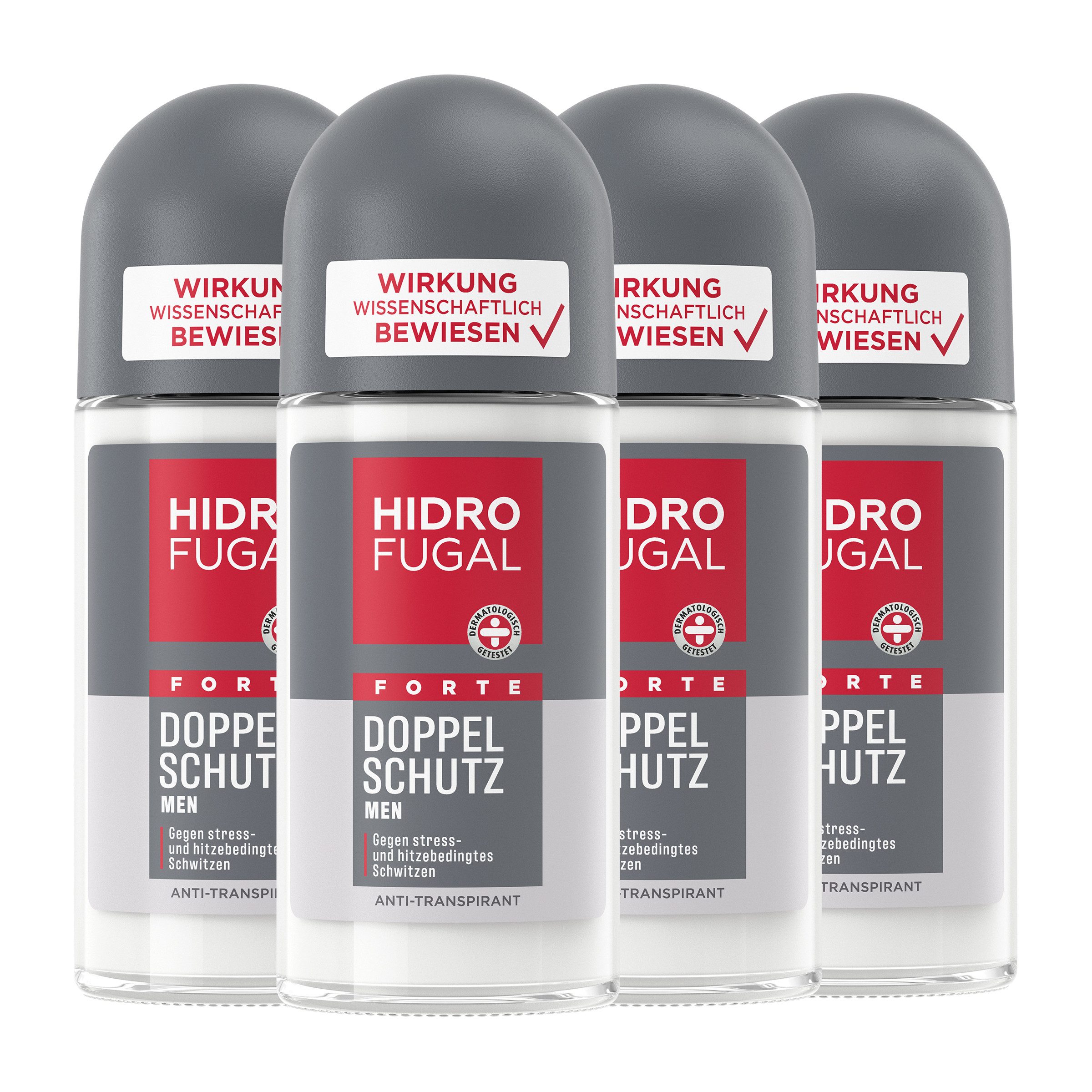 Hidrofugal Deo-Roller Deo Roll-On Men Forte Doppelschutz Anti-Transpirant 4 x 50ml, Set, Anti-Transpirant-Schutz
