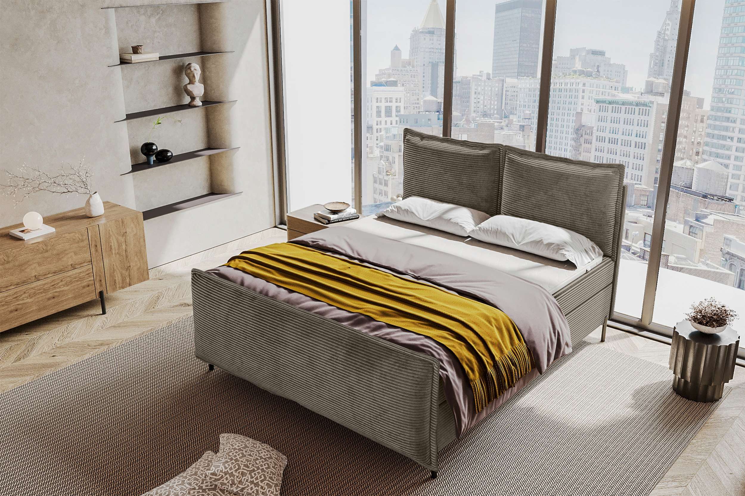 99rooms Boxspringbett Vero Plus (Schlafzimmerbett, Bett), 140/160/180/200x200 cm, in Cord POSO, mit Topper, Bettkasten