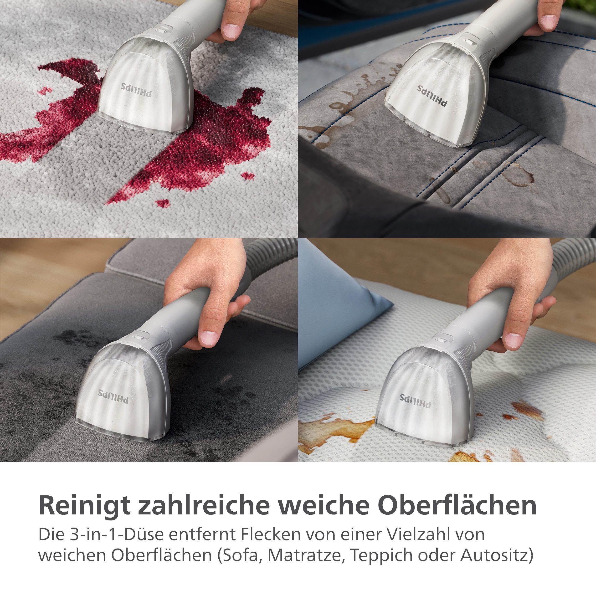 Philips Wasch-Sauger XW3193/11 3000 Series mit 2 Bürsten unterschiedlicher Größe, 400 W, beutellos, reinigt zahlreiche weiche Oberflächen, kompakt, Blau / Seidenweiß