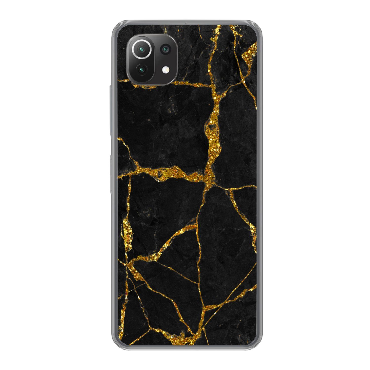 MuchoWow Handyhülle für Xiaomi Mi 11 Lite Marmor - Gold - Schwarz - Marmoroptik - Glitter, Phone Case, Silikon, Schutzhülle Dünn