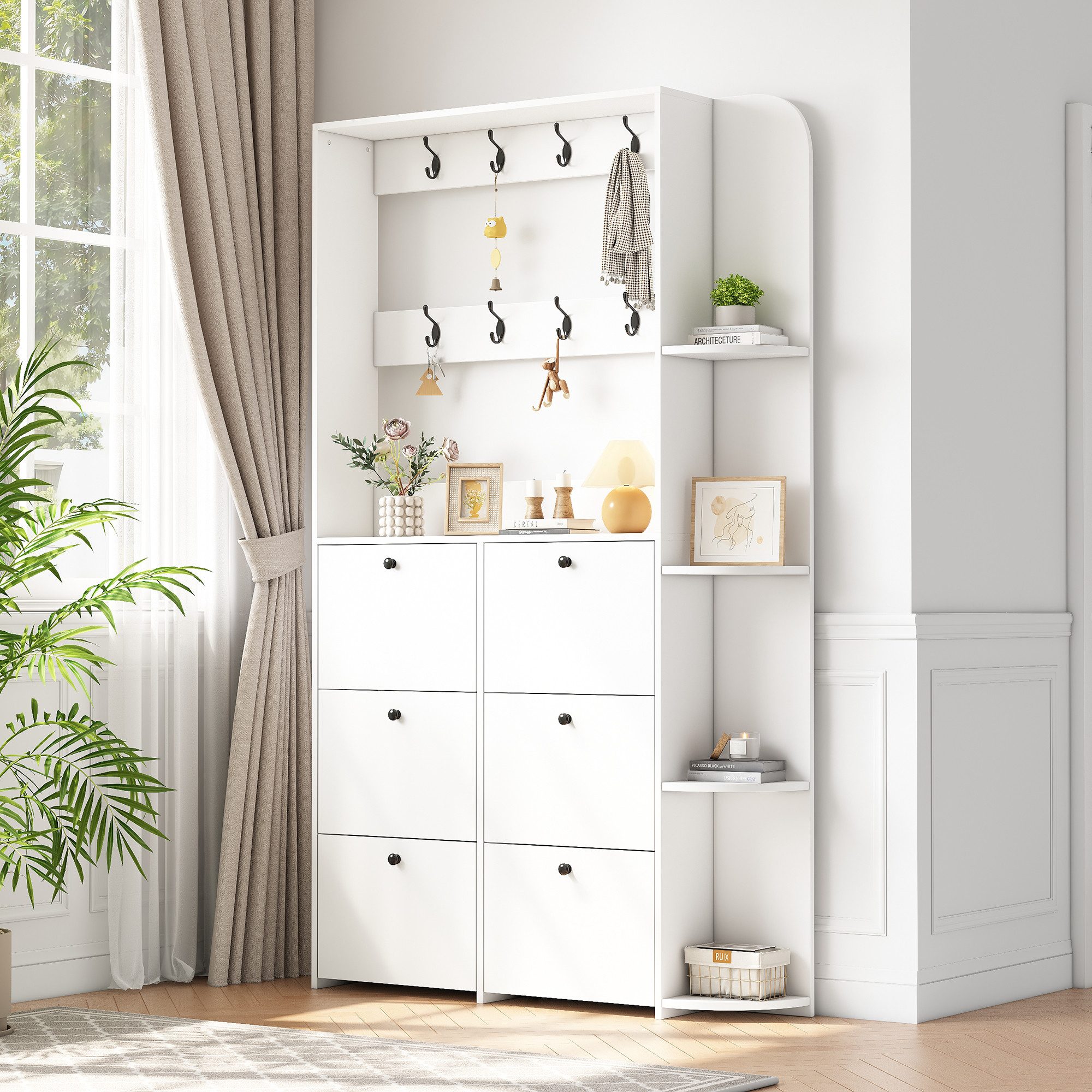MODFU Schuhschrank Praktisches Aufbewahrungssystem mit Haken und Klapptüren (Packung, 1-St., Vielseitig als schlanke Garderobe und Schuhschrank im Eingangsbereich) Kompakt in 20x24x200 cm, in Weiß, mit 5 festen Ablageflächen