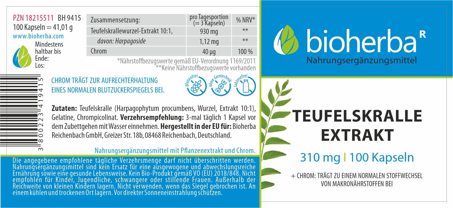 BIOHERBA R Bioherba Teufelskralle Extrakt 310 mg 100 Kapseln Nahrungsergänzungsmittel, 1 er