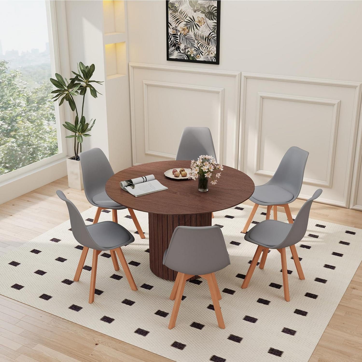 LuxusKollektion Essgruppe Esstisch 120 cm MDF Holzfuß 1 Tisch 6 Stühle Dunkelbraun Grau