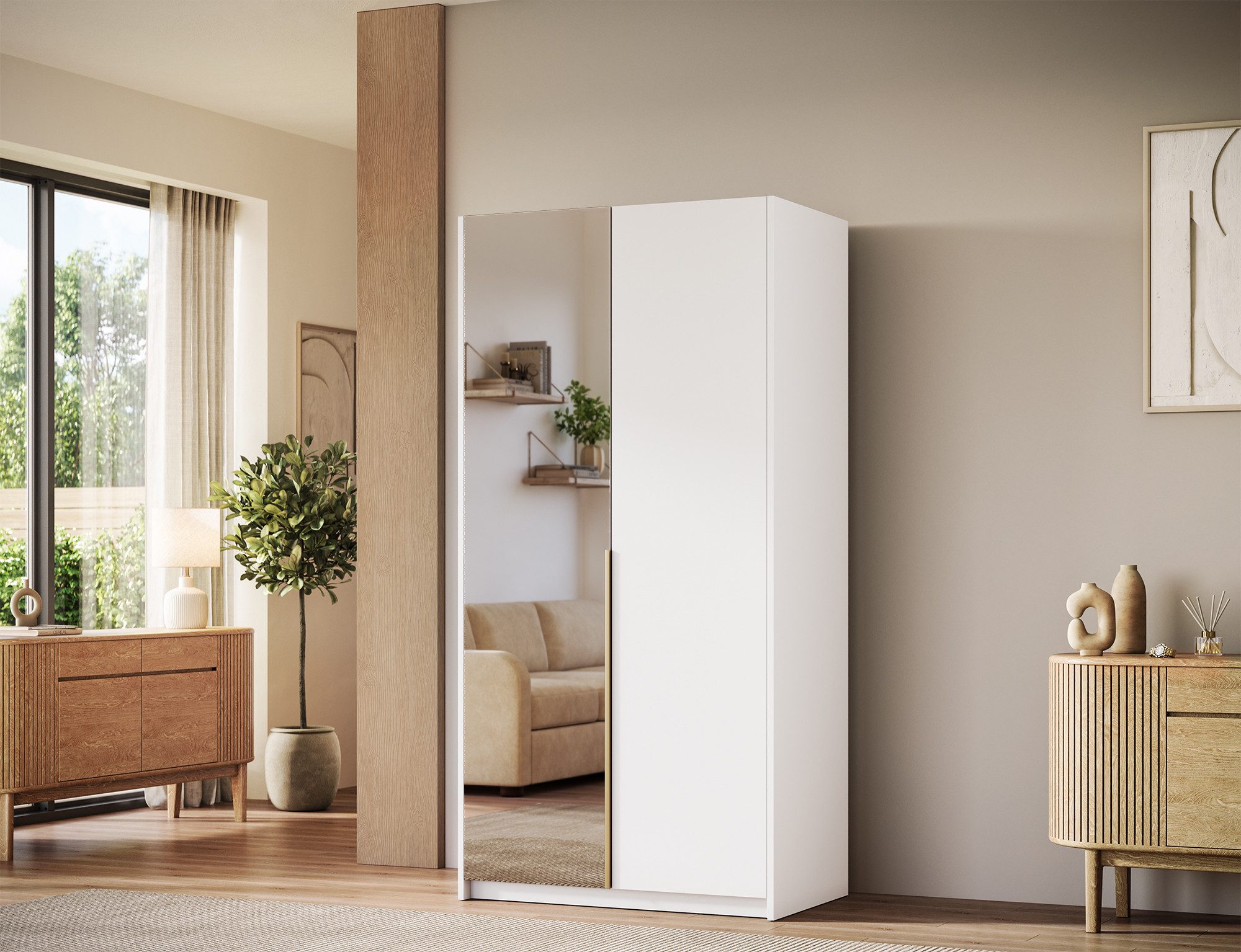 MOEBLO Drehtürenschrank Lunaro II (moderner Kleiderschrank 2-türig Schrank Garderobe Schlafzimmer, 100 cm, mit Spiegel Drehtüren Weiß Kaschmir Artisan Gold Griffe optional mit Aufsatz) (BxHxT): 100 x 204 x 58 cm