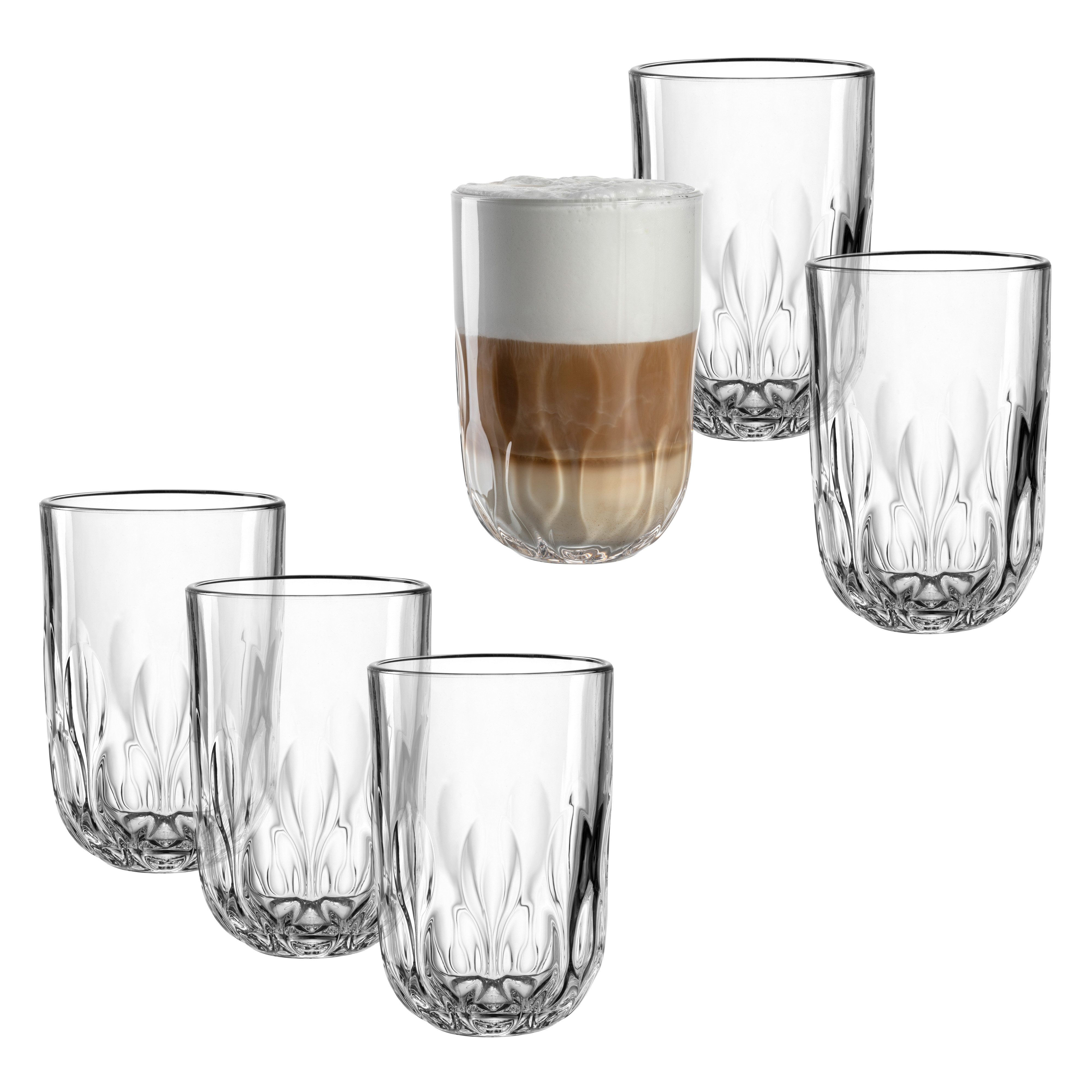 LEONARDO Latte-Macchiato-Glas GOCCE, 380 ml, 6er-Set, 6-tlg., Glas, 3. Variante, mit Tropfenrelief