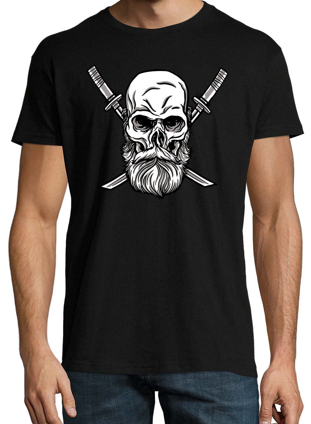 Designz mit Shirt Youth T-Shirt trendigem Schädel Frontrpint Katana Herren Schwarz