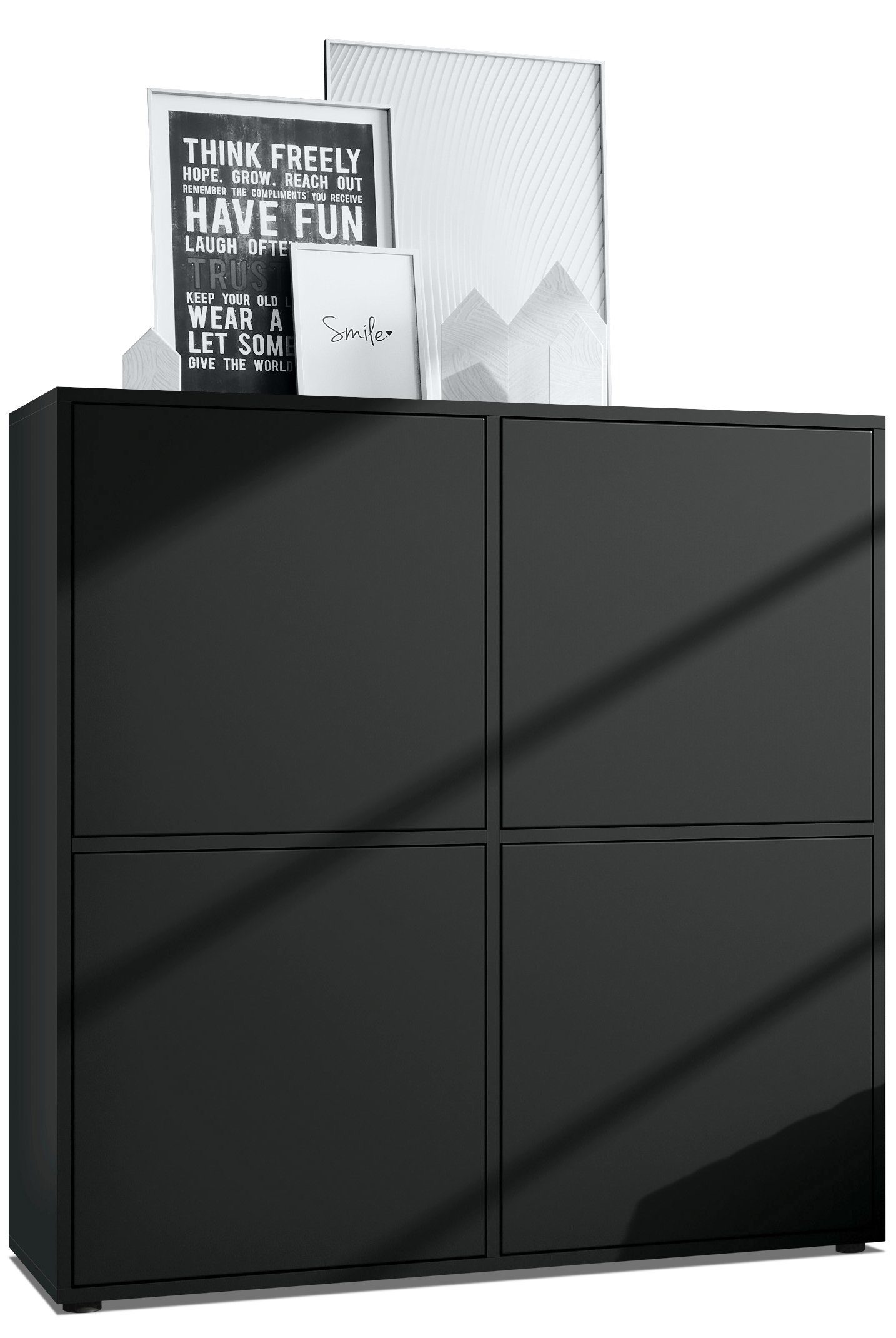 Vladon Highboard Cuba (Schrank, 104 x 105,5 x 35,5 cm Sideboard mit 8 Fächern), Korpus in Schwarz matt / Fronten in Schwarz matt