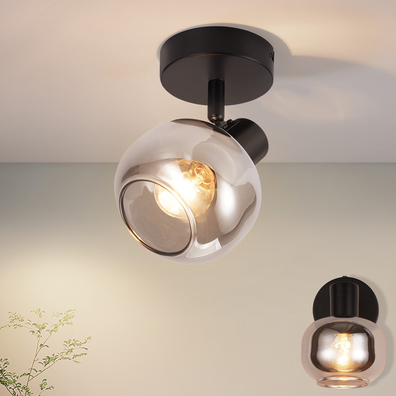 Nettlife Deckenstrahler Vintage Rauchgrau Glas E14, Schwenkbar 350°, LED wechselbar, für Wohnzimmer Schlafzimmer Küche Flur