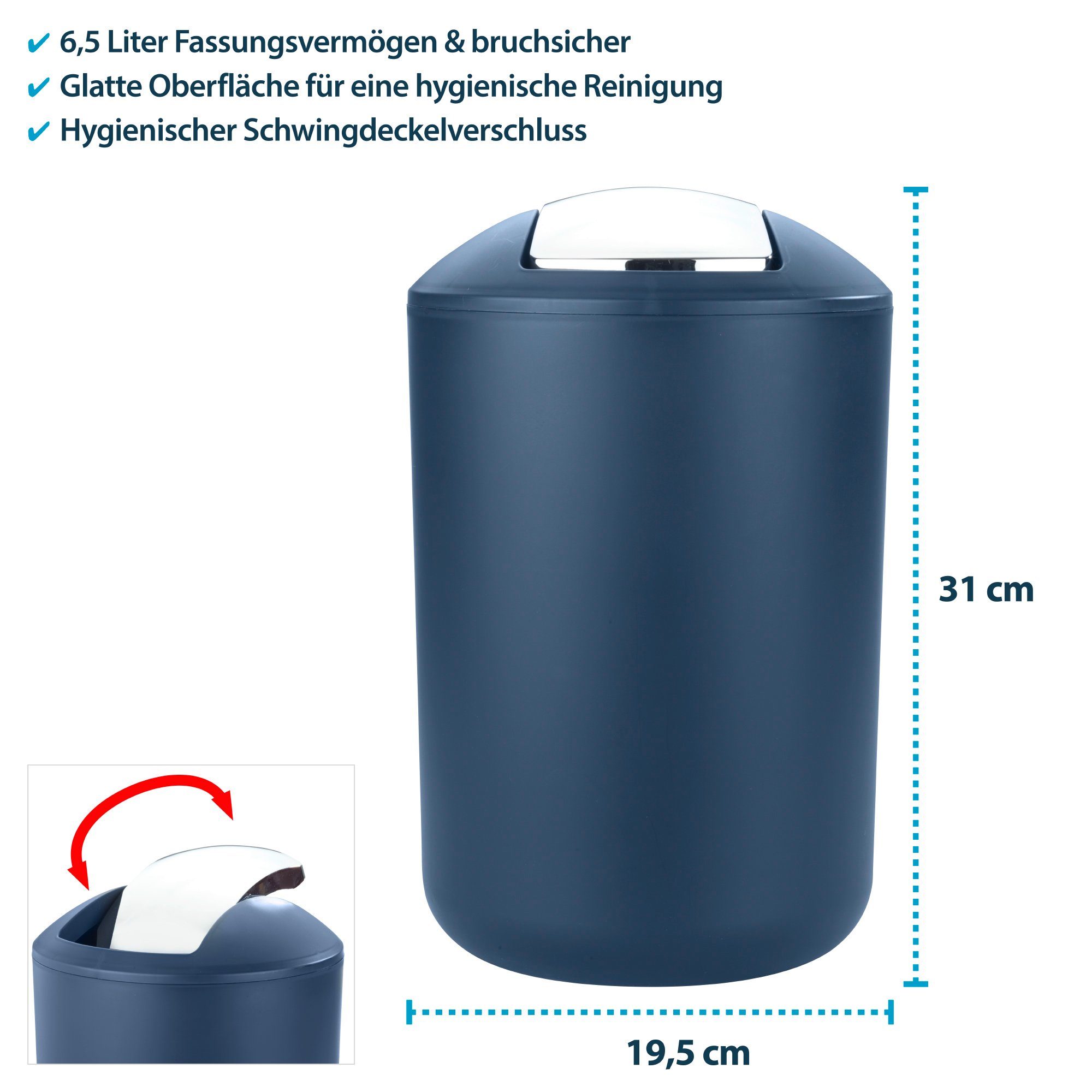 Basera® Kosmetikeimer mit Schwingdeckel, Badmülleimer 6,5 Liter Blau bruchsicher