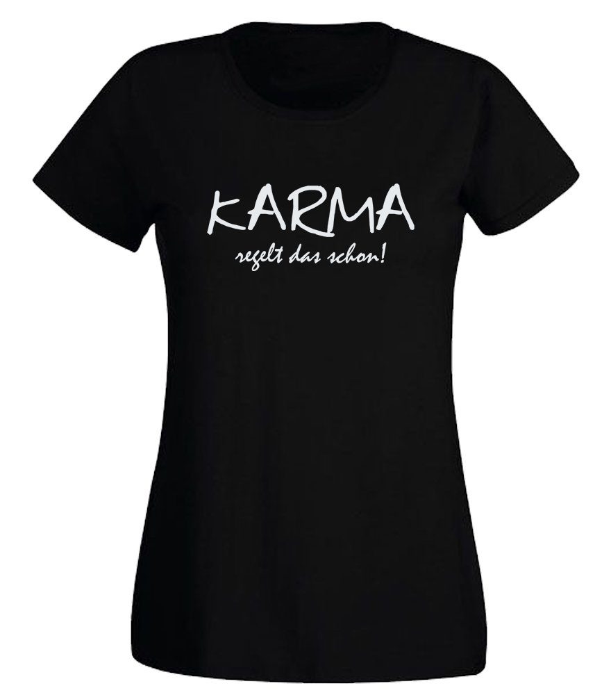 G-graphics T-Shirt Karma regelt das schon! Slim-fit- Damen T-Shirt mit Statement / Spruch als Frontprint