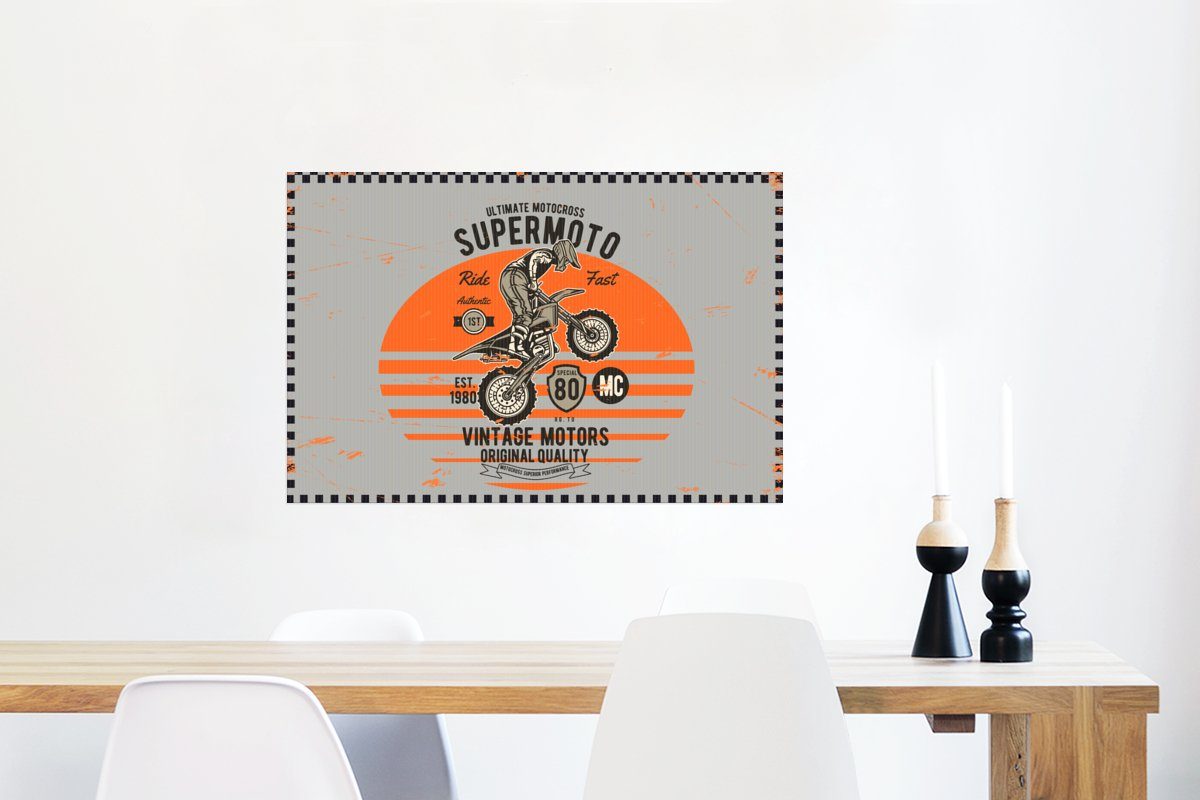 Grau, - Orange Wandbild, - Poster, Wandposter für Ohne MuchoWow Motorrad - Wohnzimmer, St), Mancave (1 Poster Rahmen - Vintage