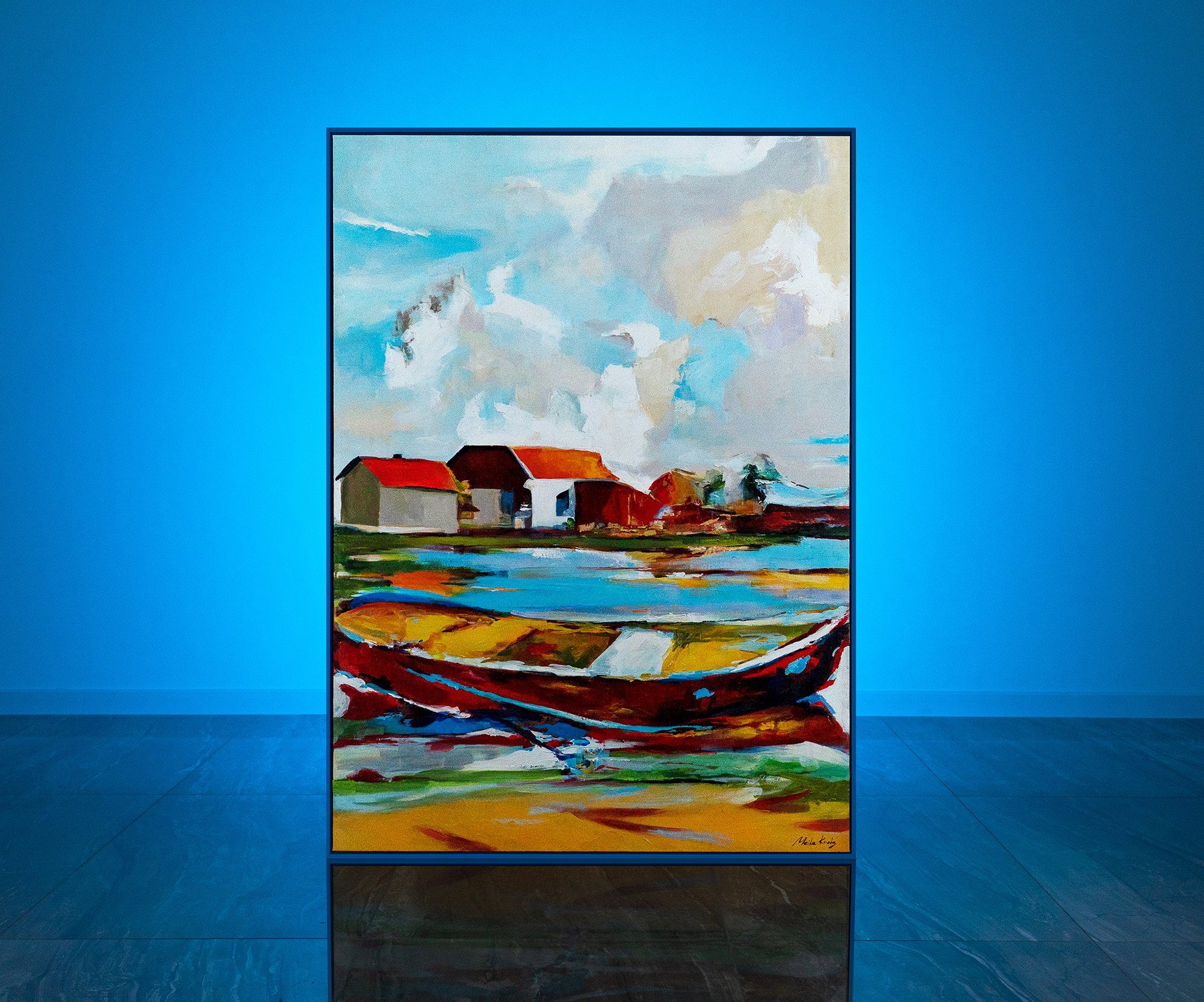 YS-Art Gemälde Gezeiten der Mit Landschaft in Rahmen Blau Inspiration