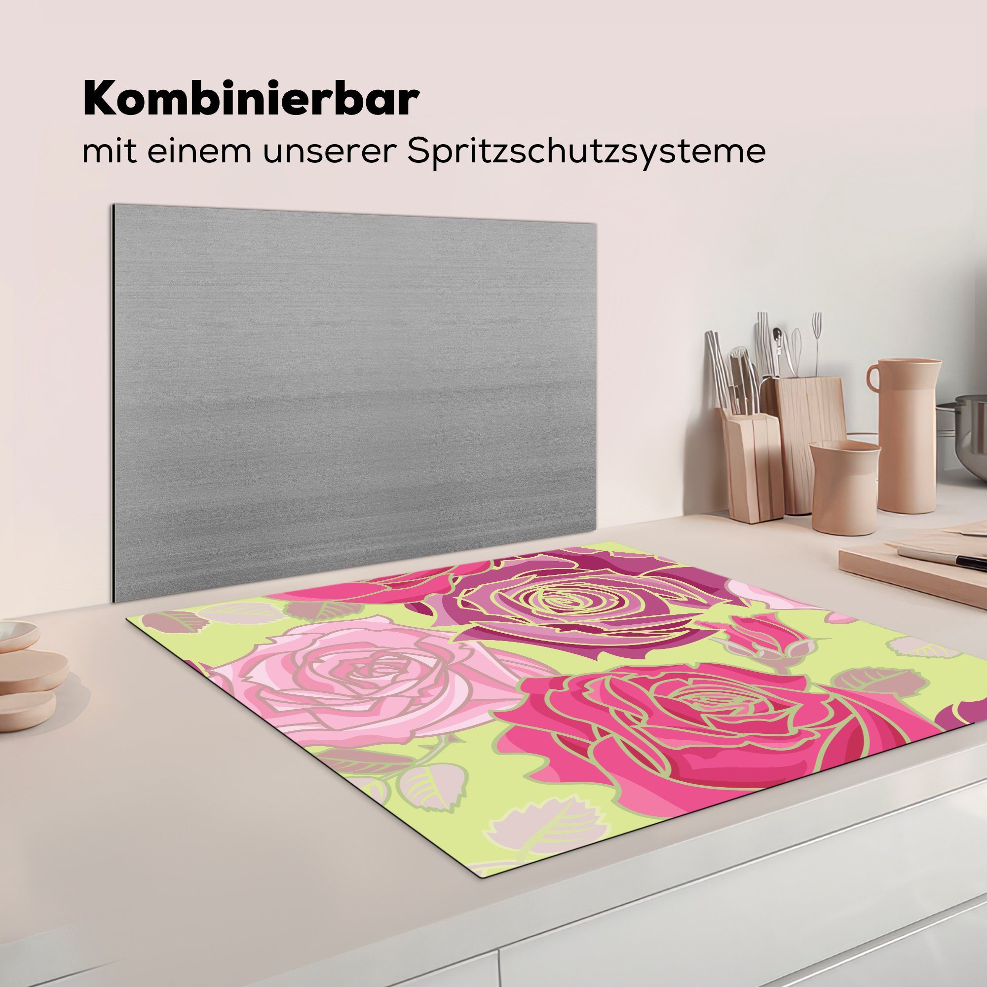 Rosen Muster, tlg), cm, küche Ceranfeldabdeckung, für Herdblende-/Abdeckplatte - Vinyl, 78x78 Rosa - (1 MuchoWow Arbeitsplatte