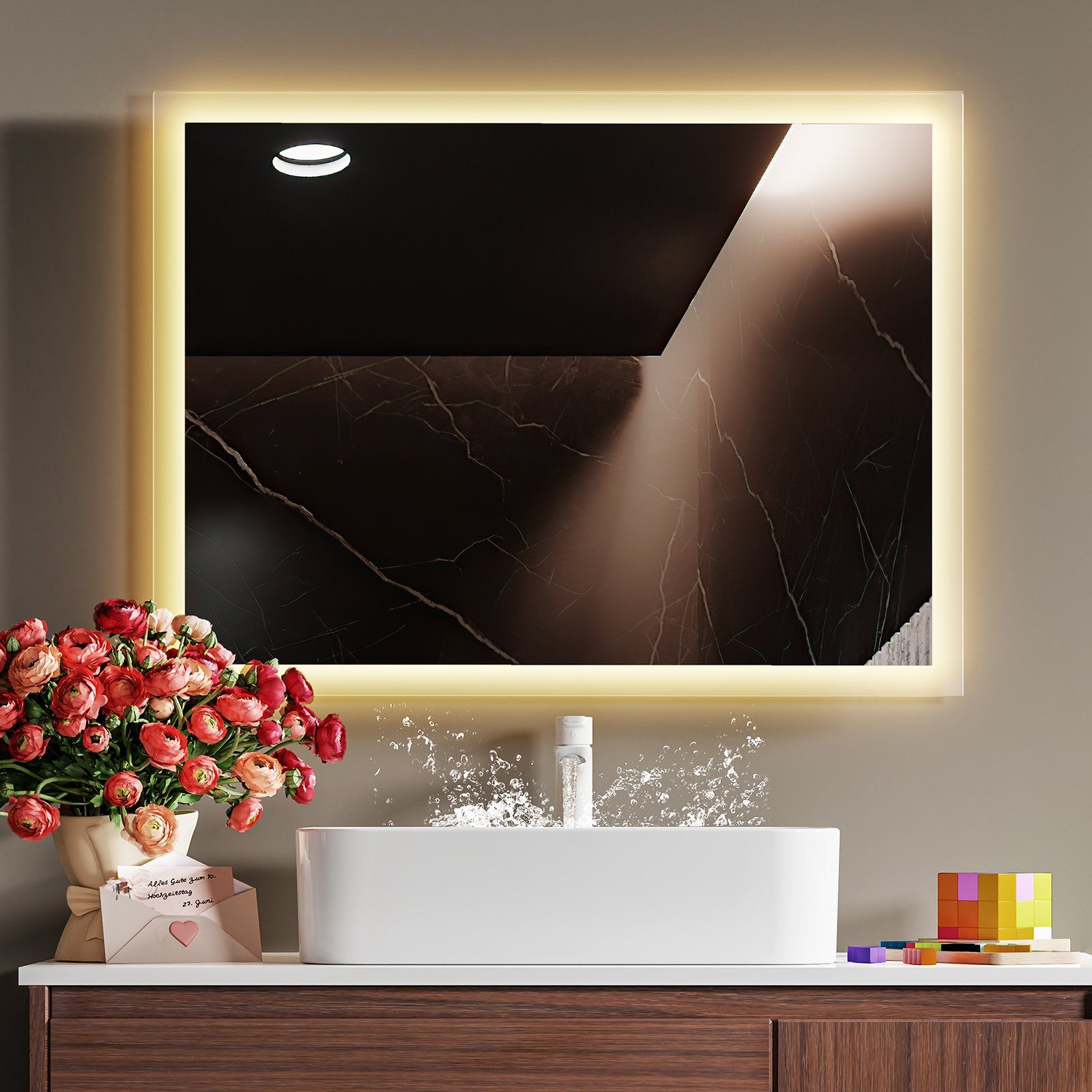 mit Warmweiß Lichtspiegel IP44 Badspiegel Wandspiegel Wandschalter, 3000K LED EMKE Montage Energiesparend Vertikal/Horizontal 80x60cm Beleuchtung
