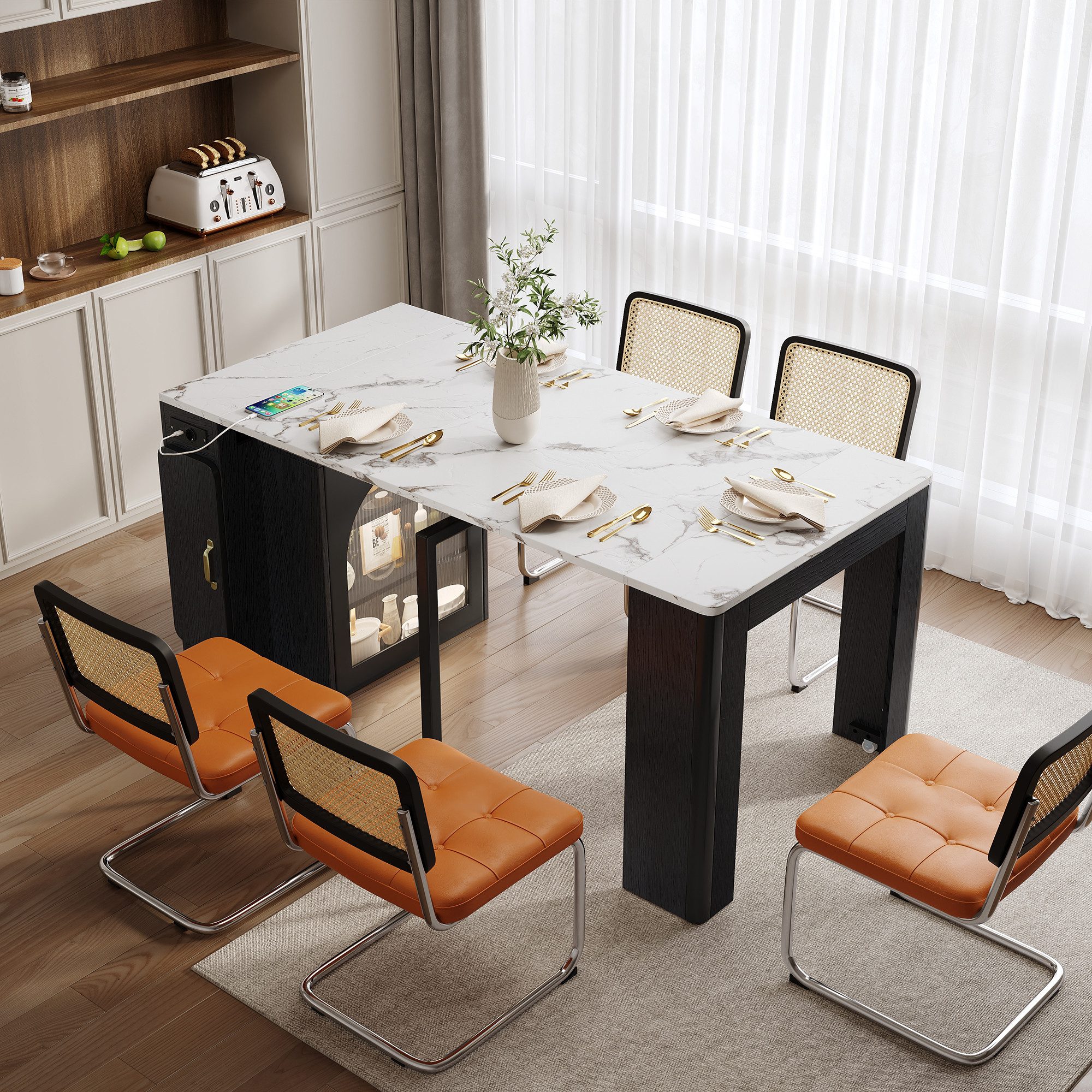 Odikalo Kücheninsel Esstisch Wohnzimmertisch Beistelltisch mit Rädern, (Ausziehbarer Esstisch mit abnehmbarer Tischplatte Mobile Servierwagen mit Steckdosenleisten dient als Anrichte Sideboard oder Bartisch für Küche und Esszimmer)