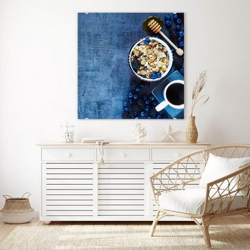Primedeco Glasbild Wandbild Quadratisch Müsli und Honig mit Aufhängung, Cerealien
