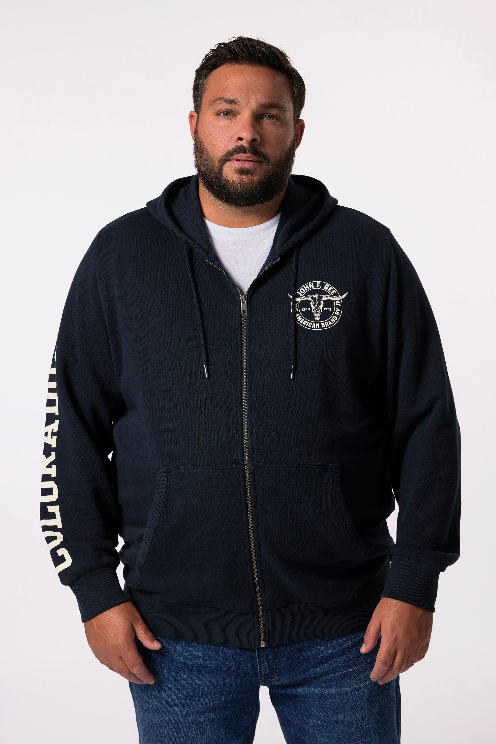 John F. Gee Fleecejacke Hoodiejacke Ärmelprint Kängurutasche