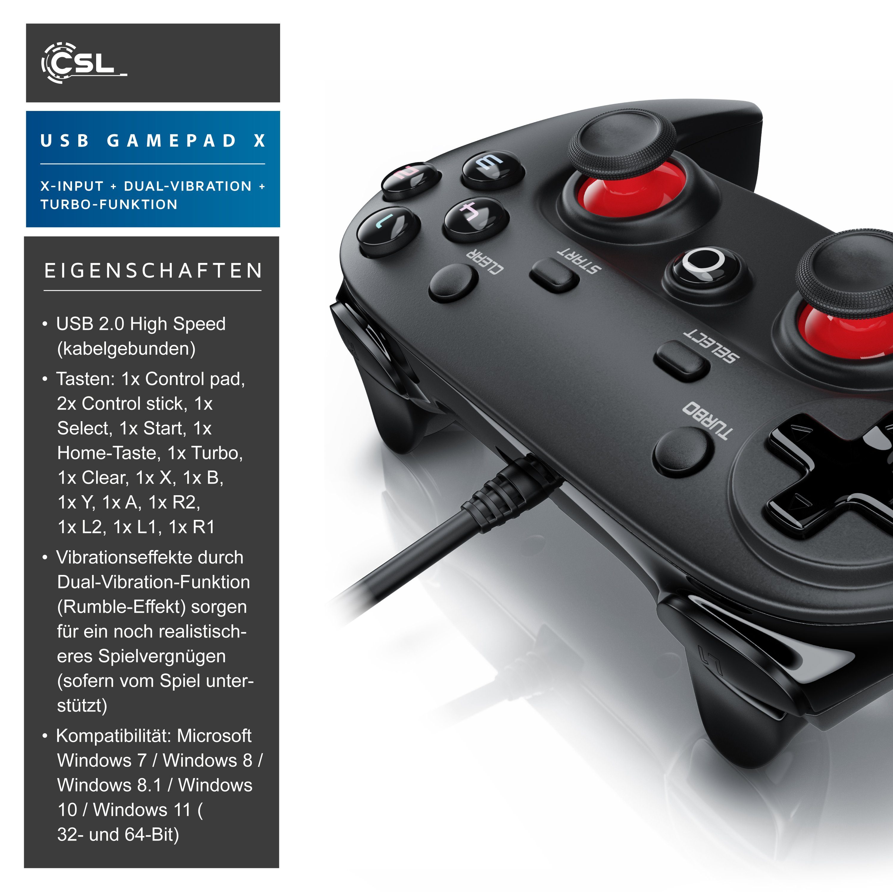 X-Input) (1 Funktion, & Vibration, Turbo St., CSL PC Gamepad, Direct Dual & Gaming-Controller PS3