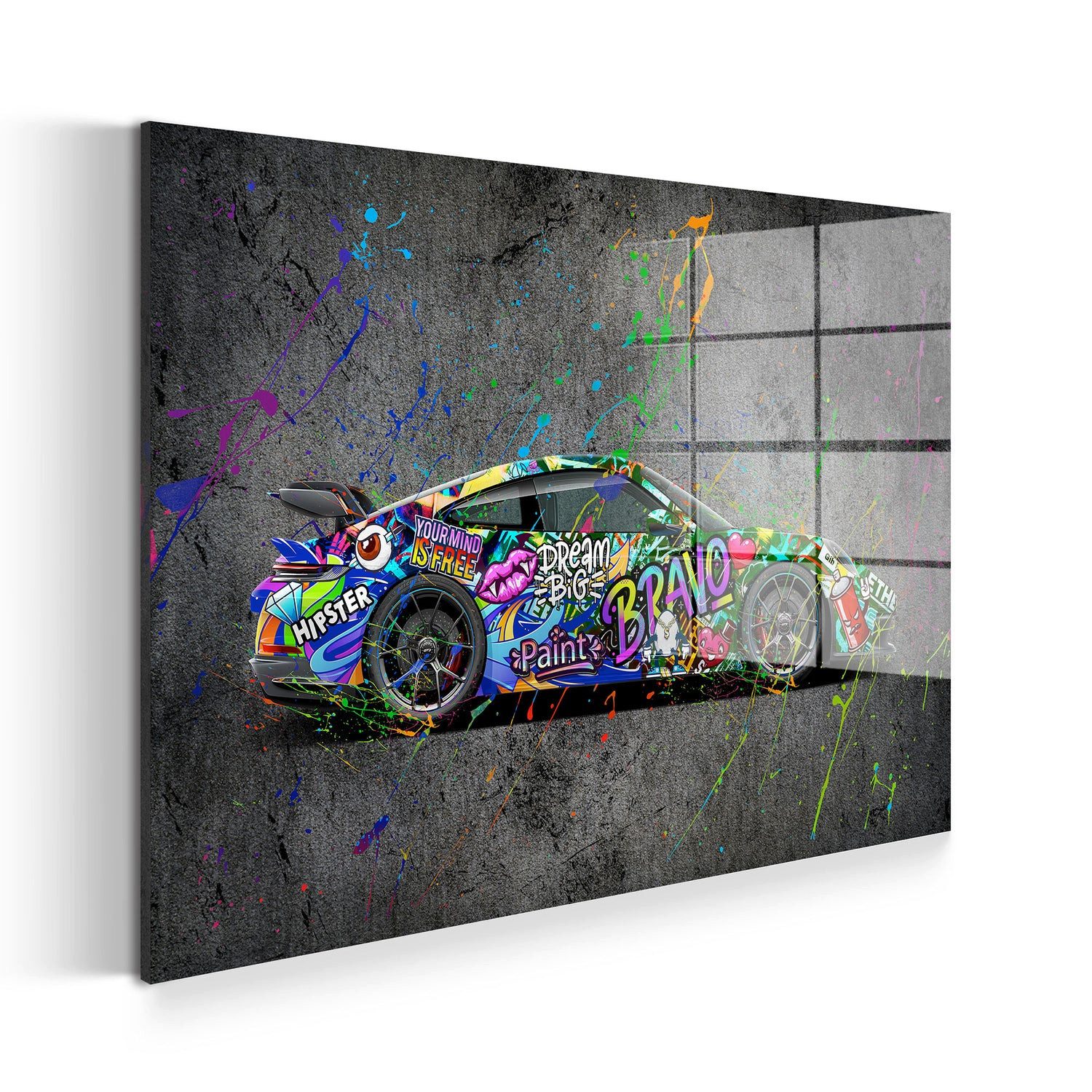 Artedinoi Acrylglasbild Graffiti Street Art Porsche Sportwagen Acrylglas Wandbild Bild Wanddek