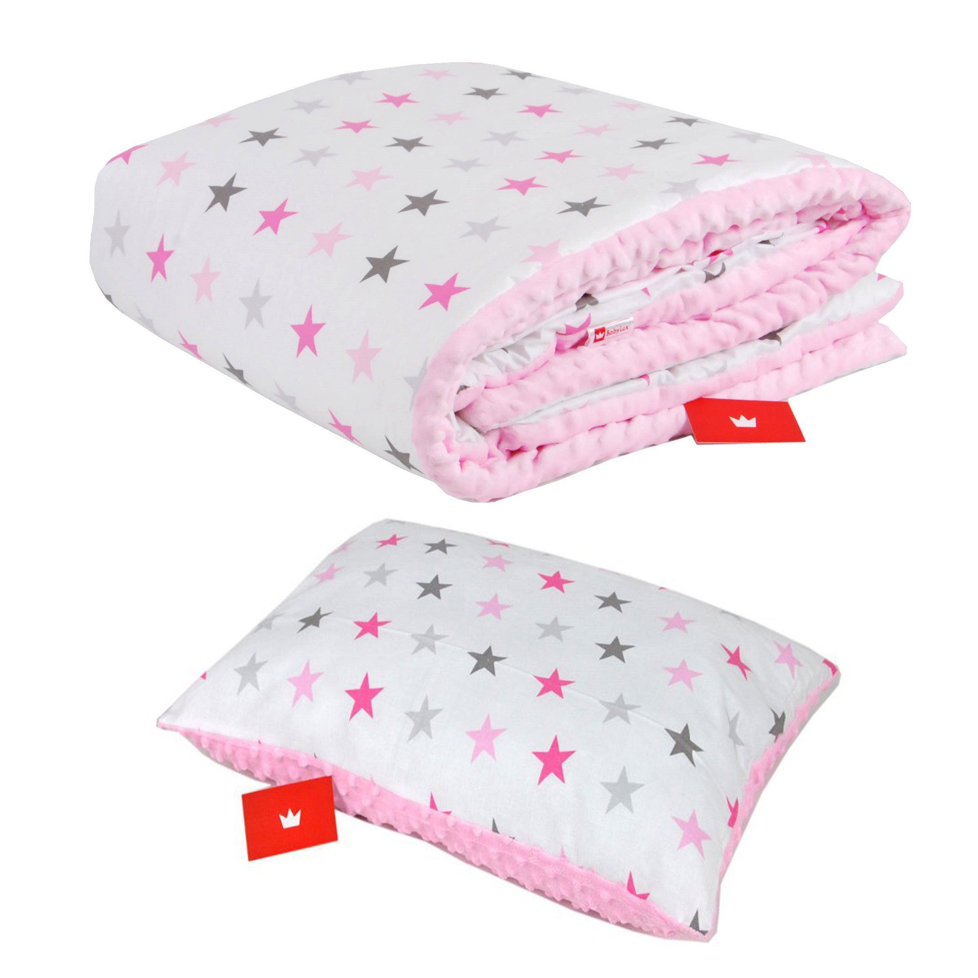 Kinderdecke BABYLUX Kuscheldecke 100 x 150 cm Babydecke Kinderdecke MINKY XXL, BabyLux, 1. Rosa + Sterne mit Kissen
