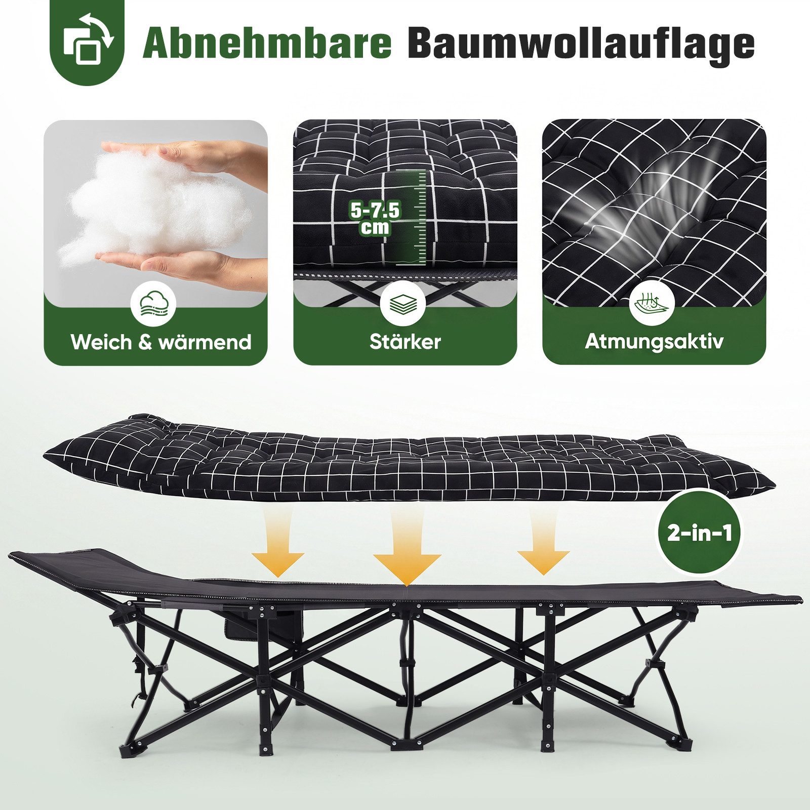 Sekey Feldbett 190cm x 71cm Campingbett Klappbar mit Matratze Gästebett Klappbett Tragbares Campingliege bis 200kg, Kariert, für Outdoor, Indoor, Reisen