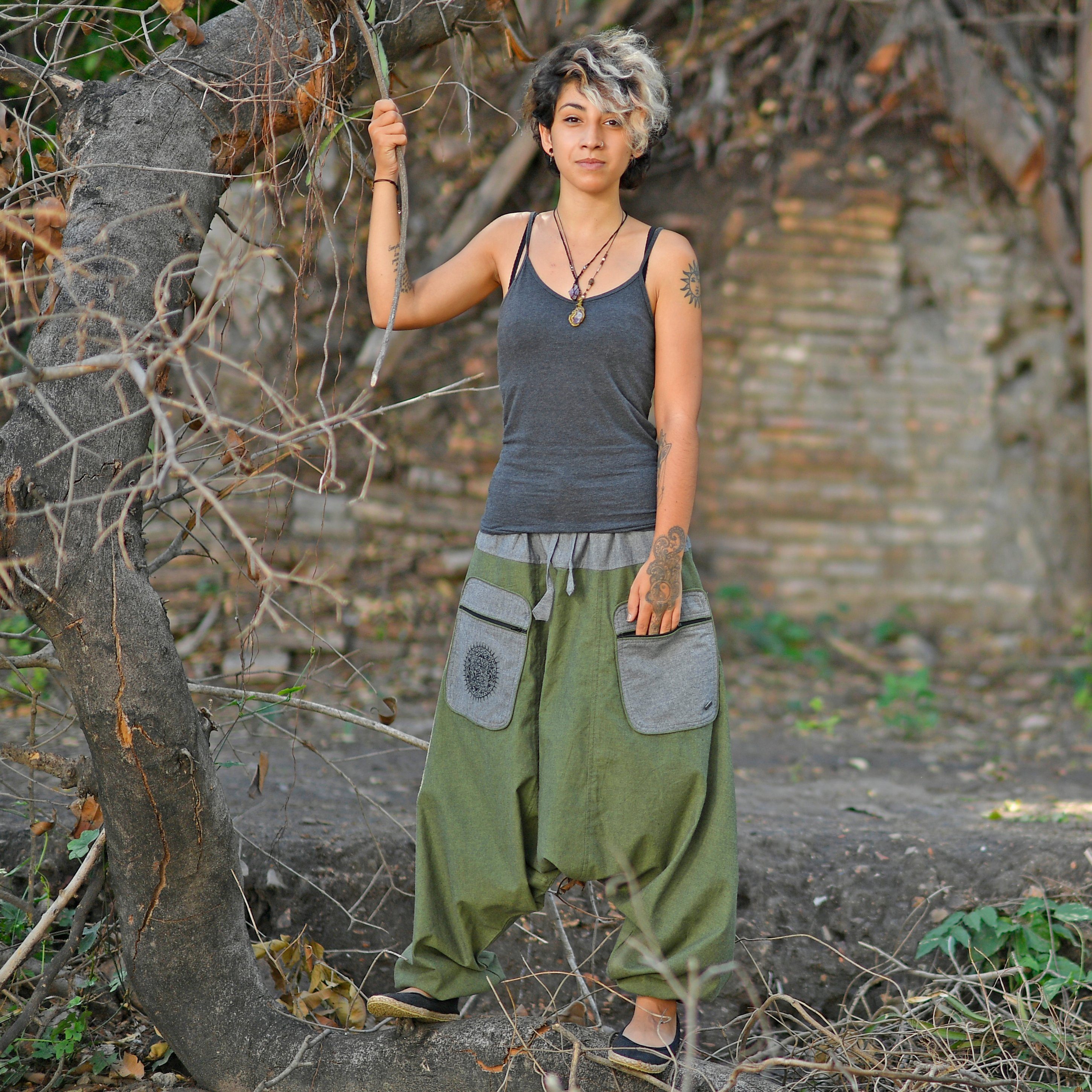 virblatt Haremshose Damen & Haremshose Herren, Baumwolle, Goa Hose Aladinhose Hippie mitteltiefer Schritt, 2 Eingriffstaschen mit Reißverschluss grün