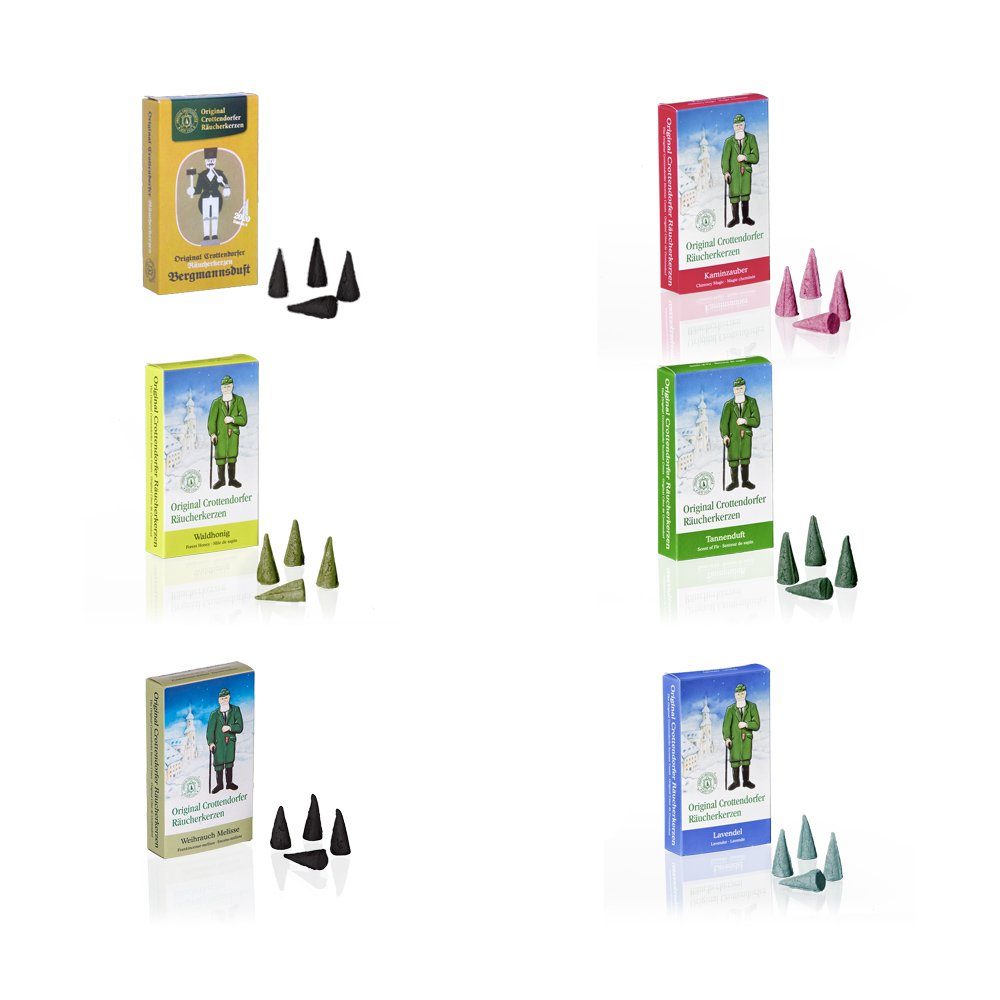 Crottendorfer Duftkerze 6er Set Bergmannsduft 1, Räucherkerzen Größe M - Inhalt jeweils 24 Stück - Made in Germany