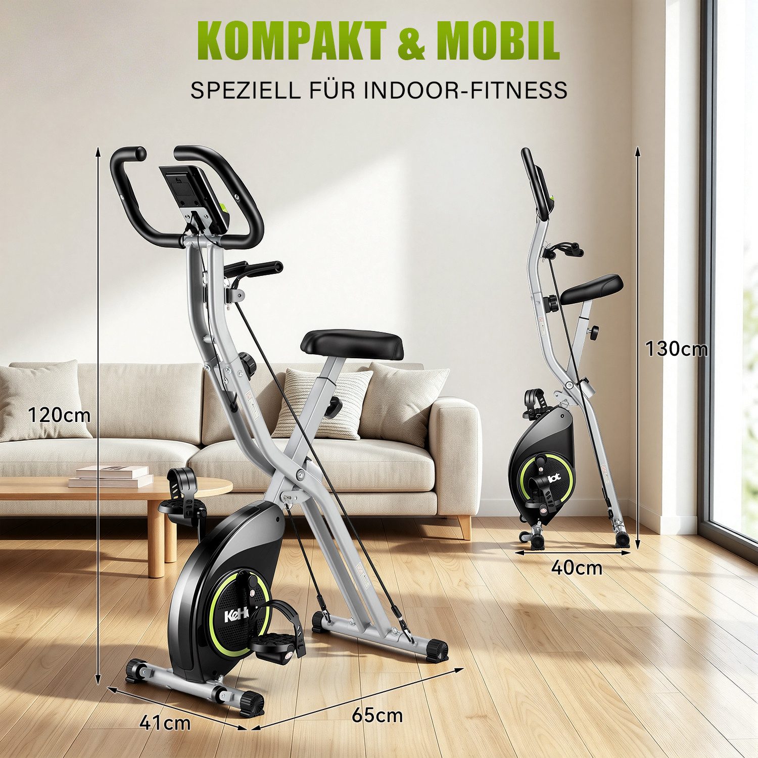 kehot Heimtrainer X-Bike Heimtrainer klappbar mit 16-Stufen-Magnetbremse (Bluetooth App für Kinomap & Zwift interaktives Training, Indoor Bike 5-fach Verstellbare Sitzhöhe,mit Pulssensor LCD Display), 5-fach verstellbarer Sitz mit Pulssensor & LCD Display