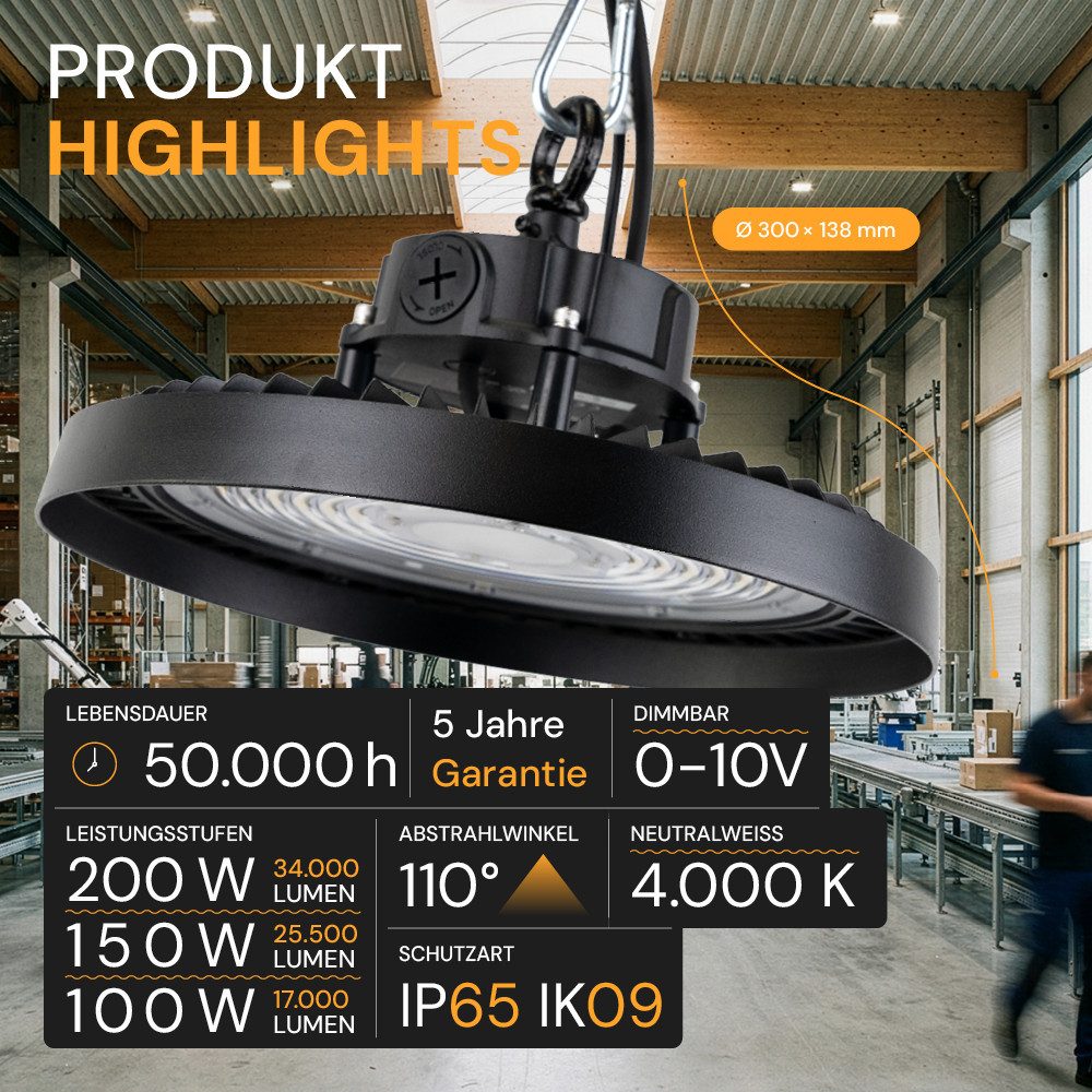 ENOVALITE LED Arbeitsleuchte ENOVALITE LED Hallenstrahler HighBay 200 W 4000 K Neutralweiß Schwarz, LED fest integriert, Neutralweiß