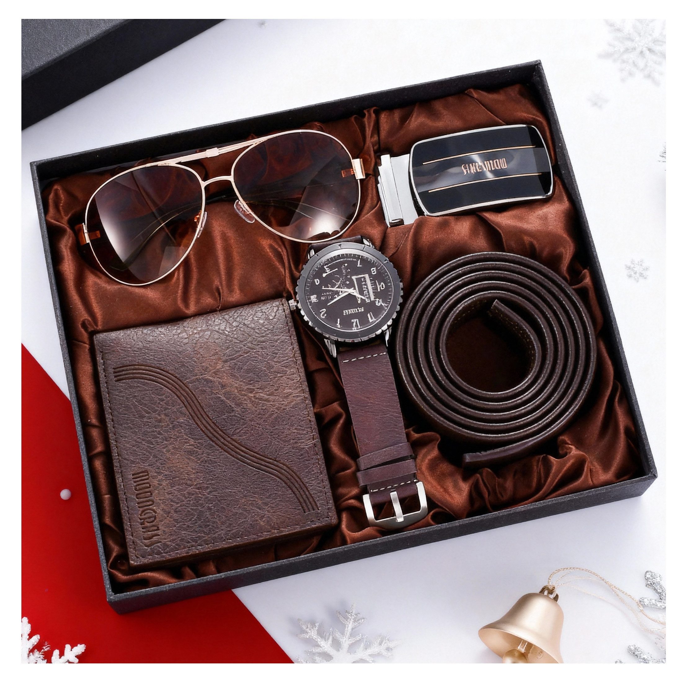 Fyrove Geldbörse 4-teiliges Herren Geschenkset, Uhr, Gürtel,Sonnenbrille (Leder, elegant, für Vatertag & Geburtstag, Geburtstagsgeschenk, Männer Geburtstag Hochzeitstag Geschenke), Geburtstag, Weihnachten & Valentinstag