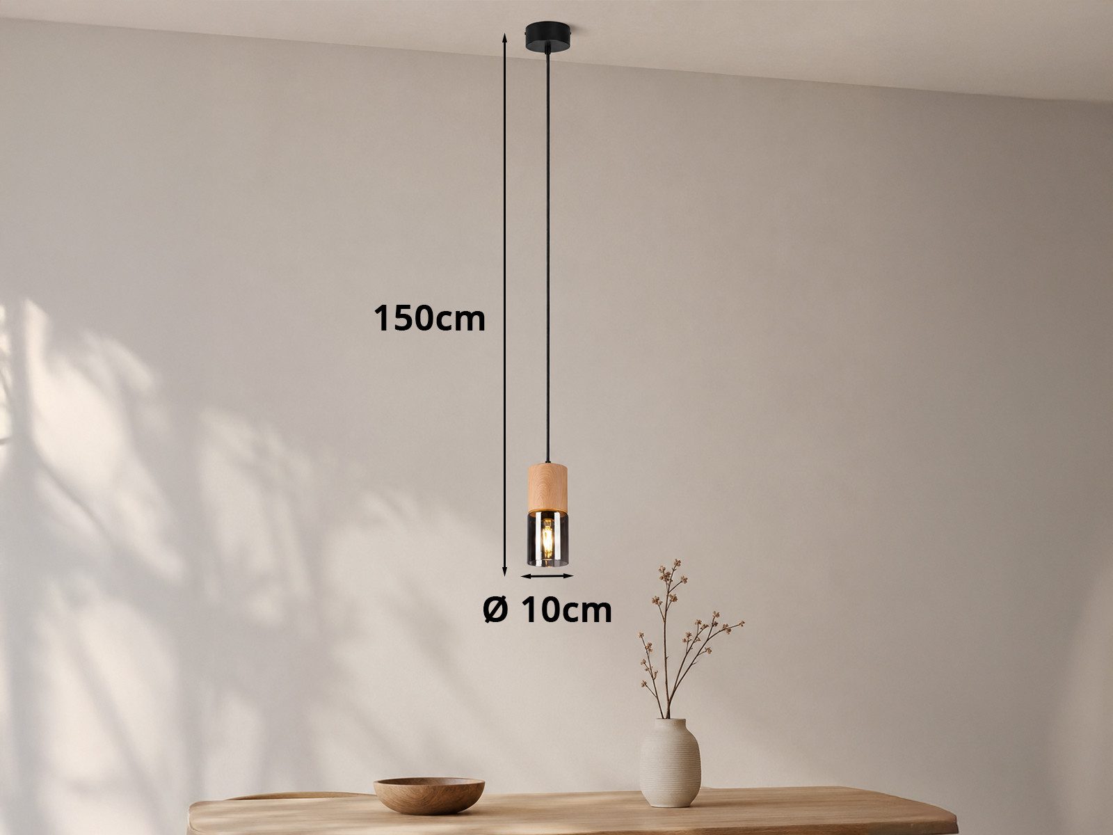 meineWunschleuchte Pendelleuchte mit Holz & Rauchglas Ø 10cm, ohne Leuchtmittel, kleine Hängelampe Nachttisch Wohnzimmerlampe, Esstischlampe hängend – Bild 4 von 5