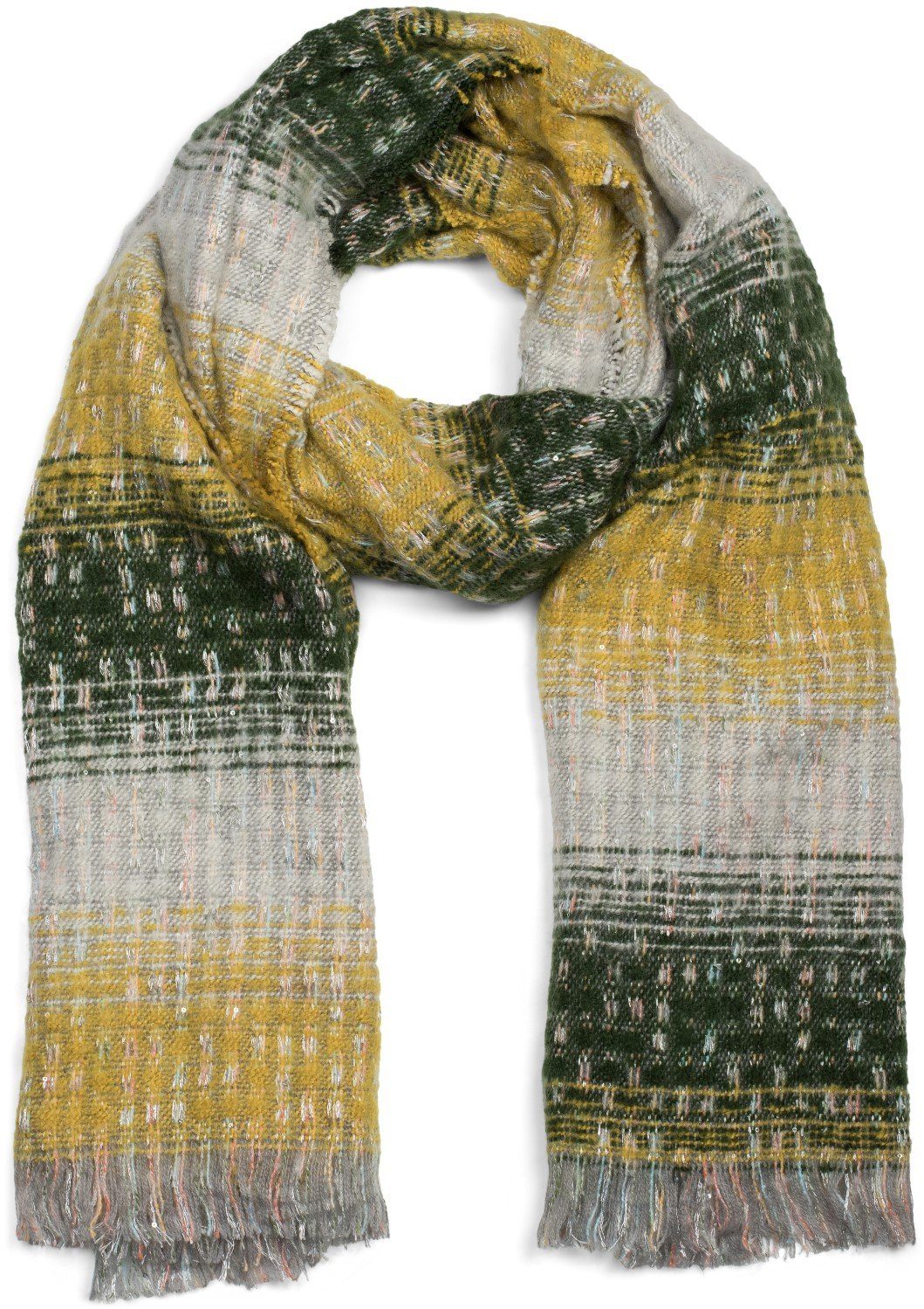 styleBREAKER Modeschal, (1-St), Warmer Schal mit Streifen Web Muster und Pailletten Gelb-Dunkelgrün-Hellgrau