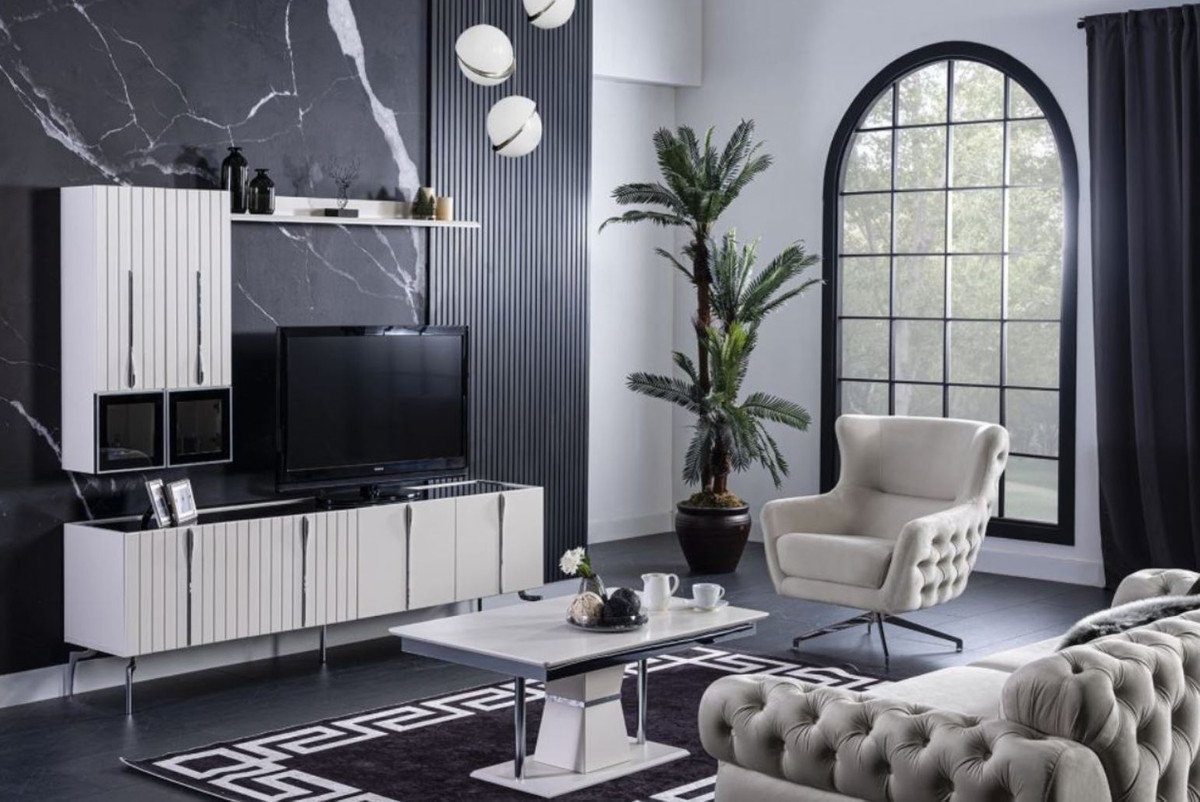 Casa Padrino TV-Schrank Luxus Art Wohnzimmer - mit Möbel 208 / Weiß x 44 Schrank TV cm / Fernsehschrank Art Edler H. 4 Schwarz x Deco Türen Silber - 64 Deco