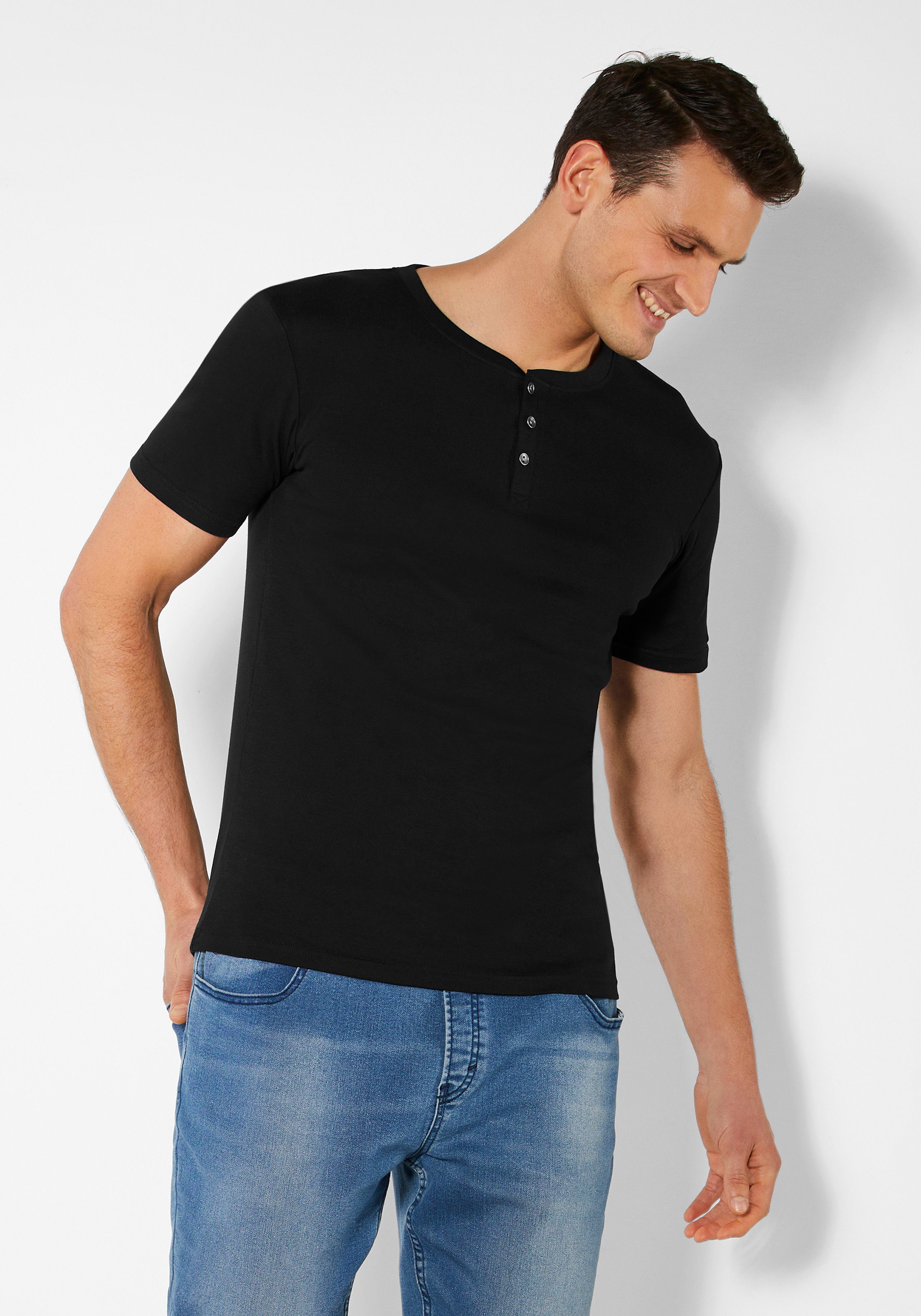H.I.S T-Shirt (Packung) aufwendiger als schwarz perfekt mit Unterziehshirt Knopfleiste