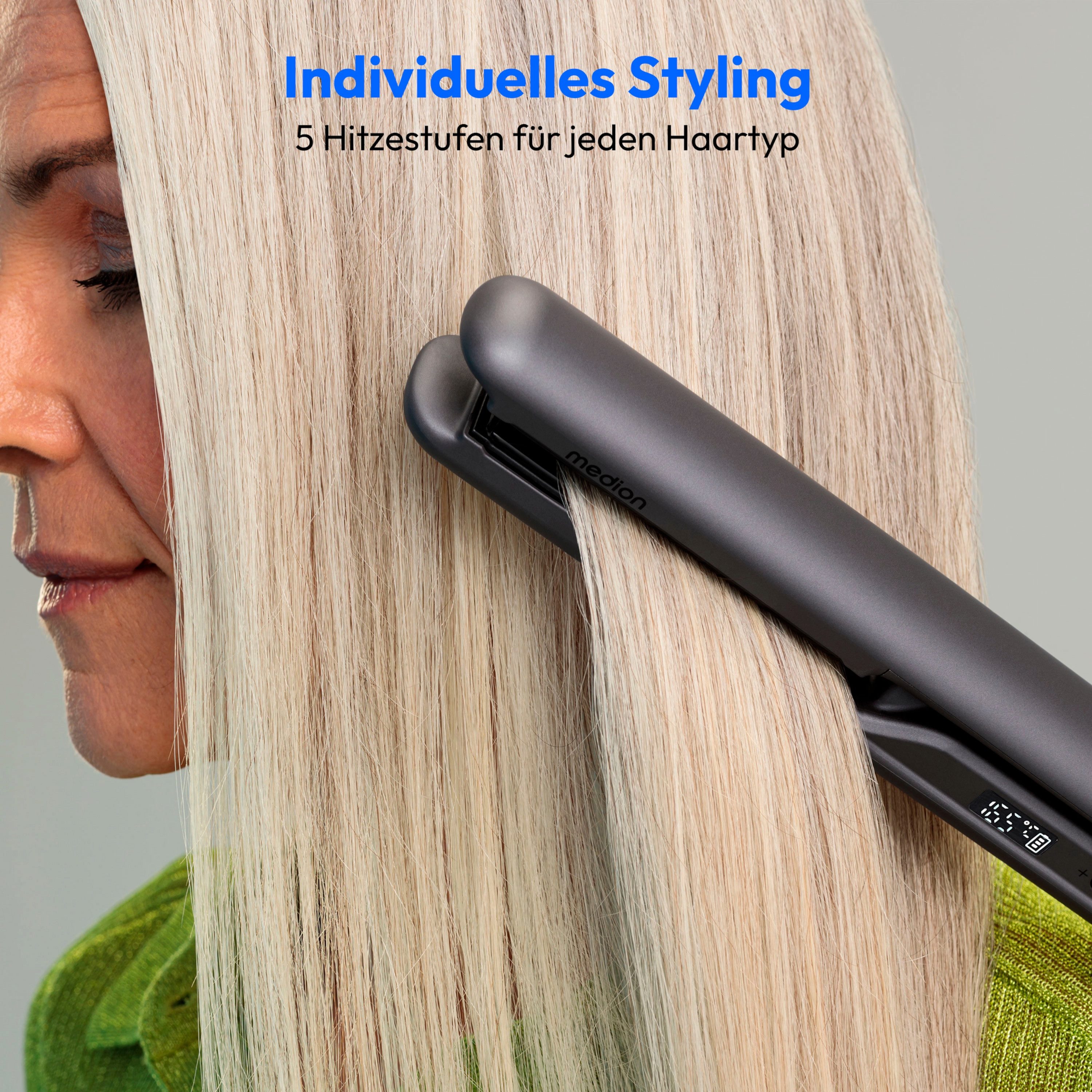 Medion® Glätteisen MEDION LIFE HS2 kabelloses Glätteisen (MD19865), Kabelloses Glätteisen MD19865, 5 regelbare Hitzestufen,165°-210°, breite Keramik-Turmalin He – Bild 4 von 5