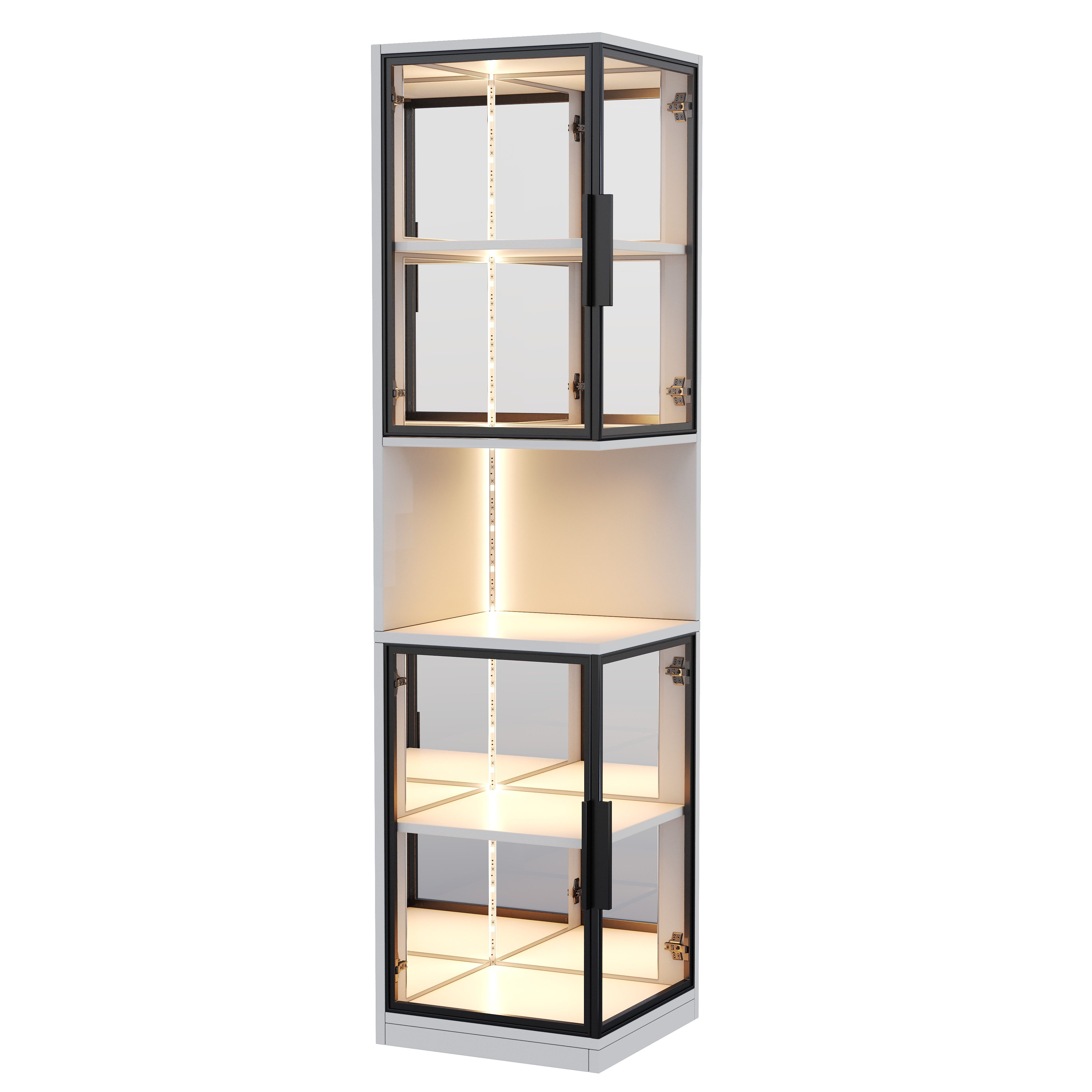 Flieks Eckvitrine Glasvitrine mit LED-Beleuchtung und Glastüren, verspiegelter Rückwand (1-St., 42x44x205 cm) Standvitrine Eckschrank Hochschrank Sammlervitrine mit 5 Fächern Weiß