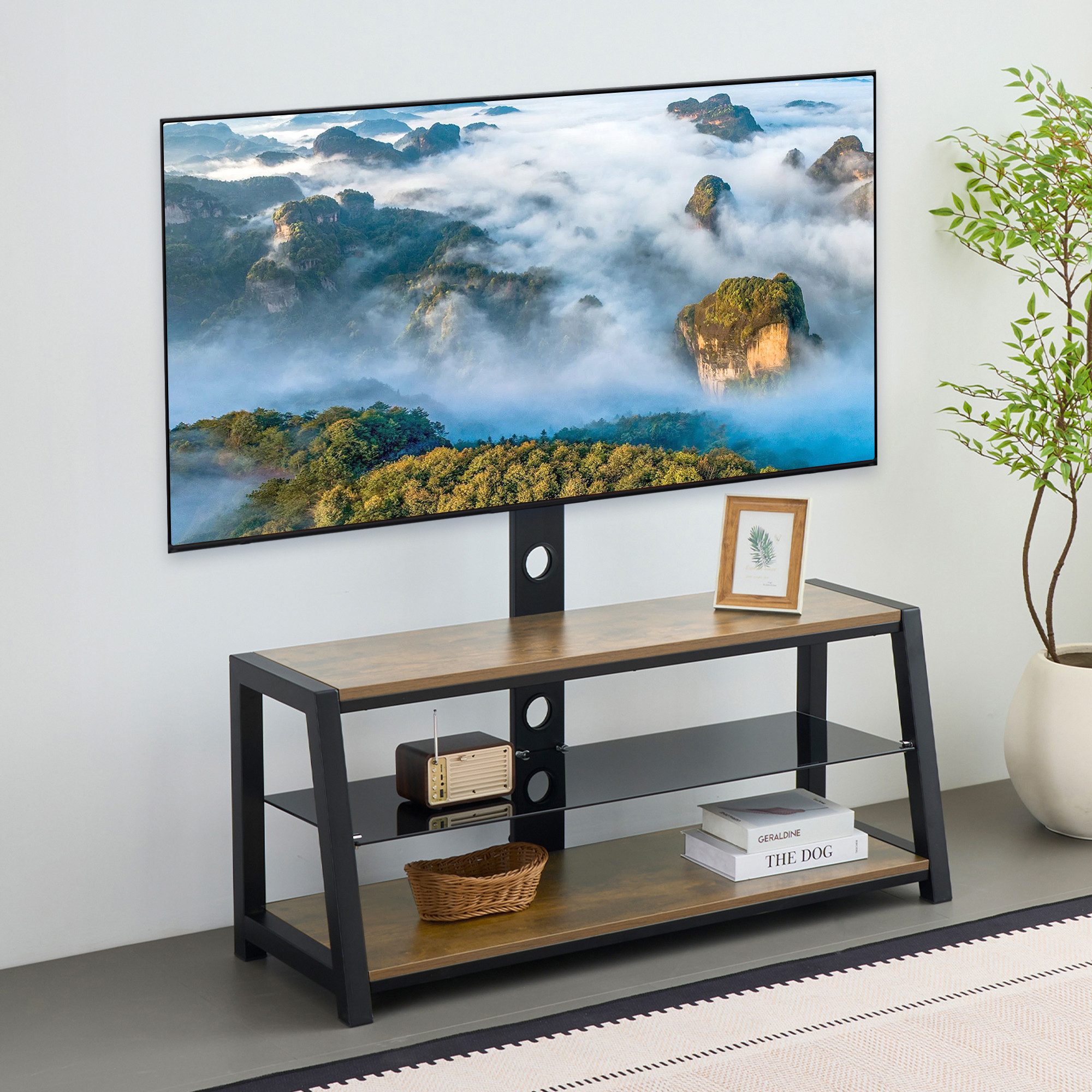 HAUSS SPOLE TV-Schrank höhenverstellbar,TV-Ständer mit Wandhalterung,Dreistufiges Regal,braun (höhenverstellbare mobile TV-Wagen, mit mittlere Ablage aus gehärtetem Glas) für Wohnräume, Schlafzimmer, Büros, Einkaufszentren