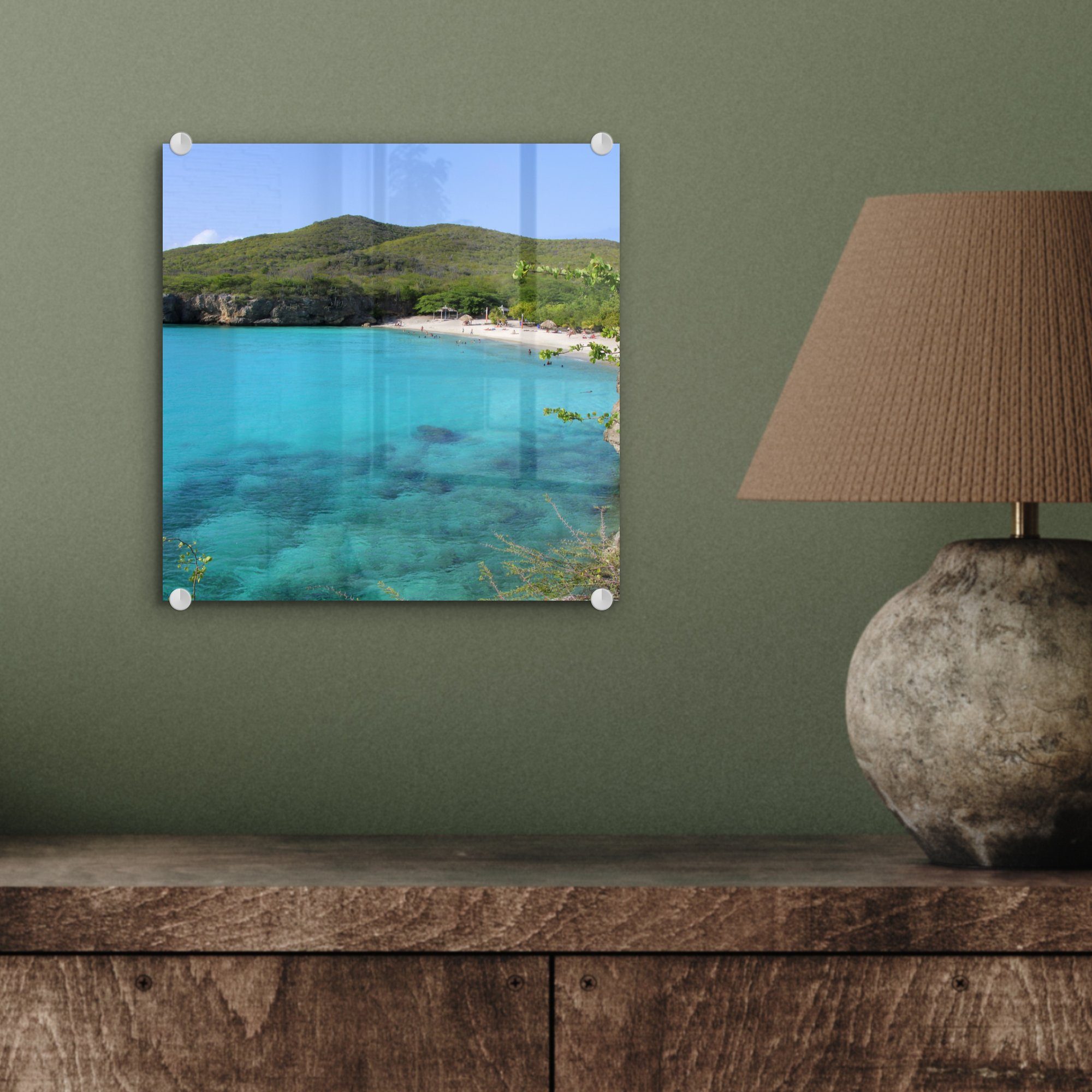 MuchoWow Acrylglasbild Strand Wandbild Foto - Glas Curacao Glasbilder - auf Glas St), Bilder Insel, Wanddekoration - - auf (1 