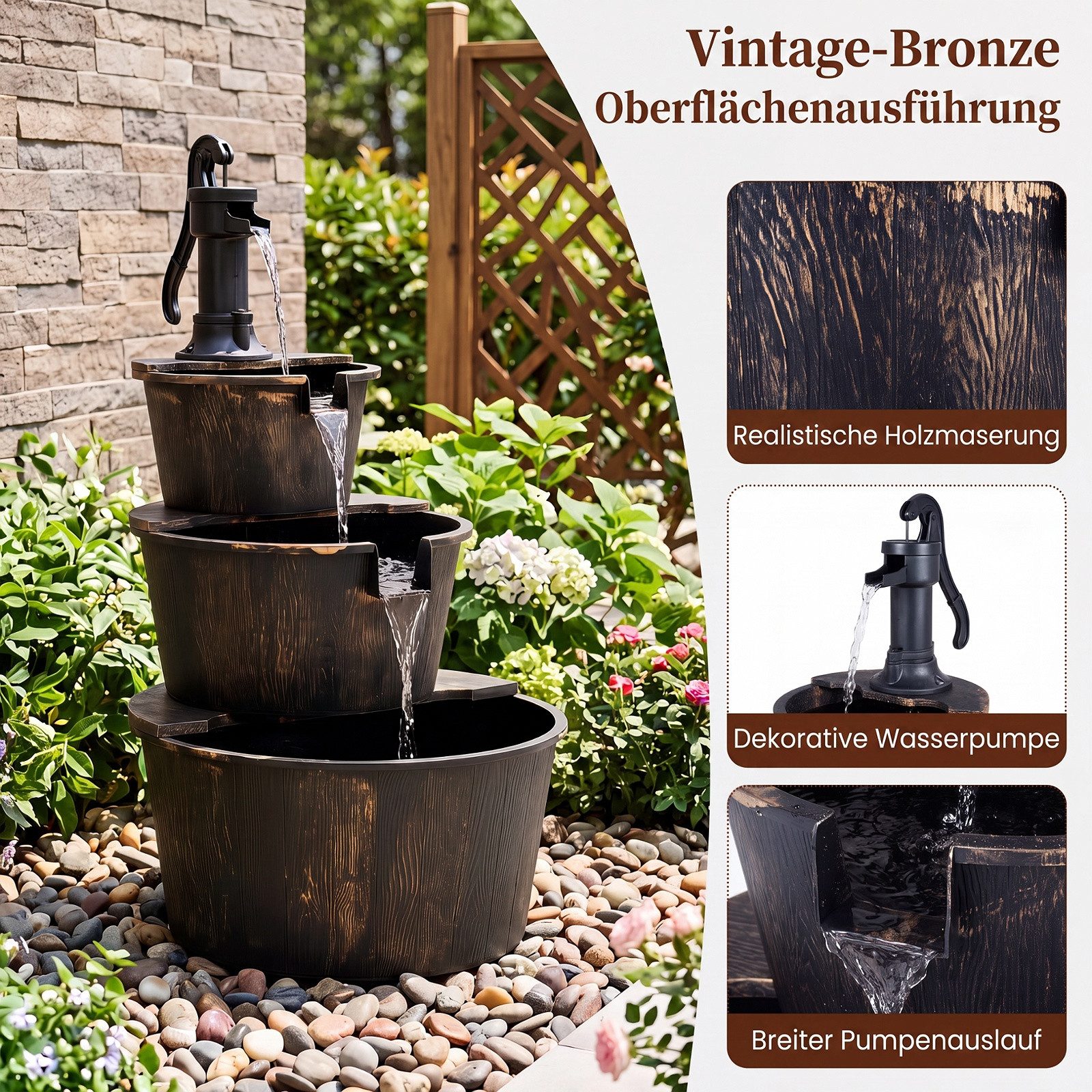 COSTWAY Wasserspiel 3-stufiger Gartenbrunnen mit Pumpe, Springbrunnen aus PP